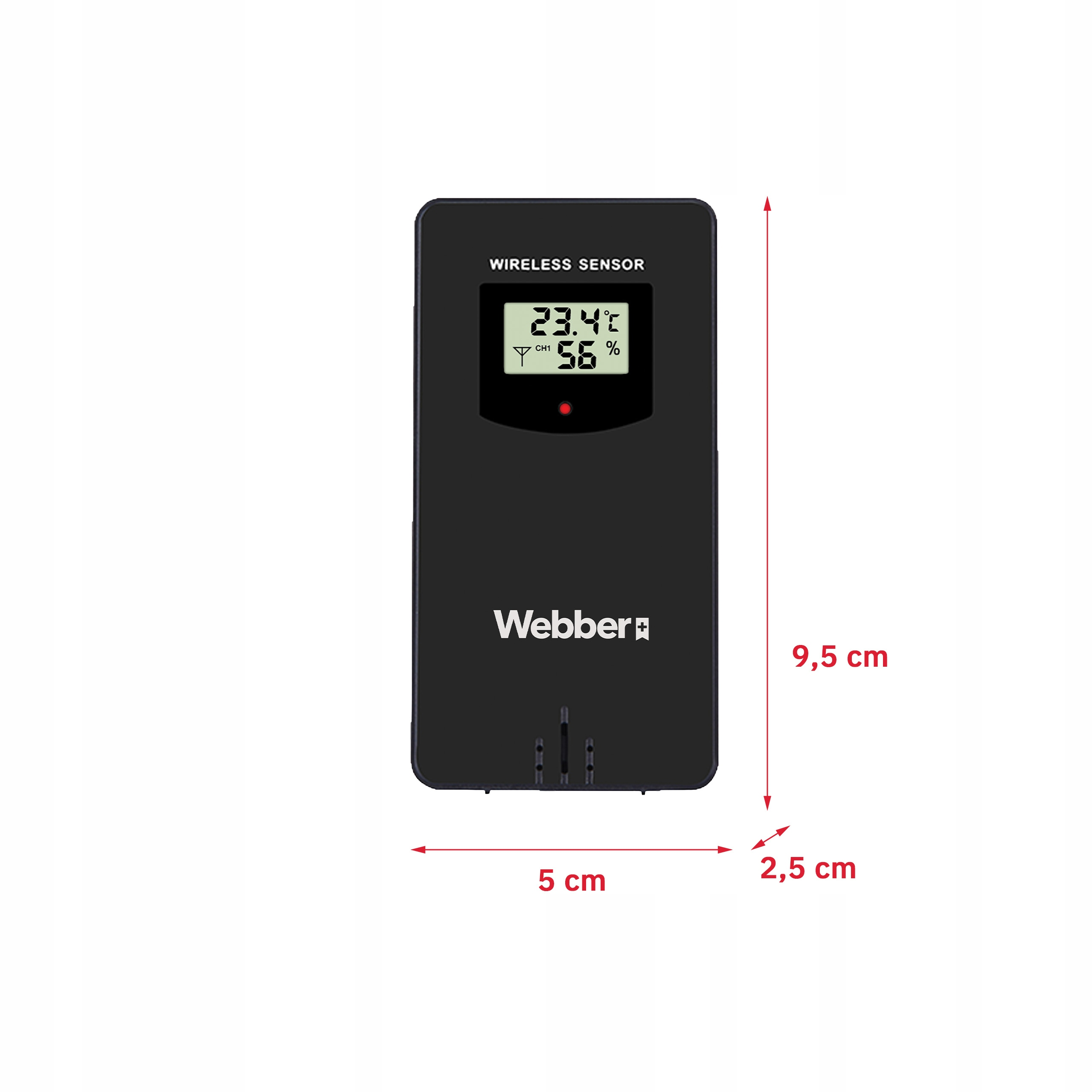 Czarny czujnik bezprzewodowy z wyświetlaczem LCD pokazującym 23,4°C i 56% wilgotności.