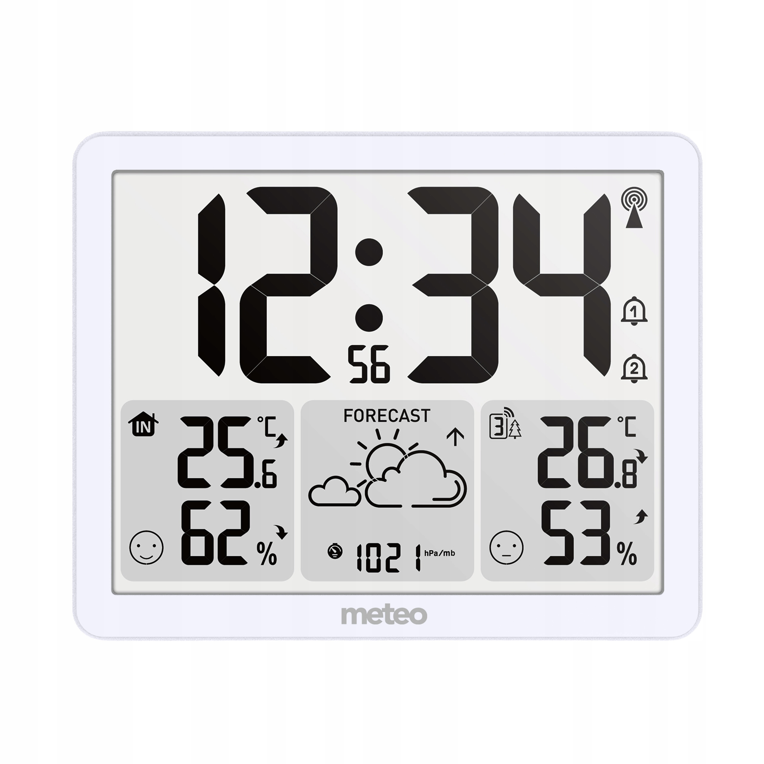 Cyfrowa stacja pogodowa pokazuje 12:34, temp. wewn. 25.6C, wilgotność 62%.