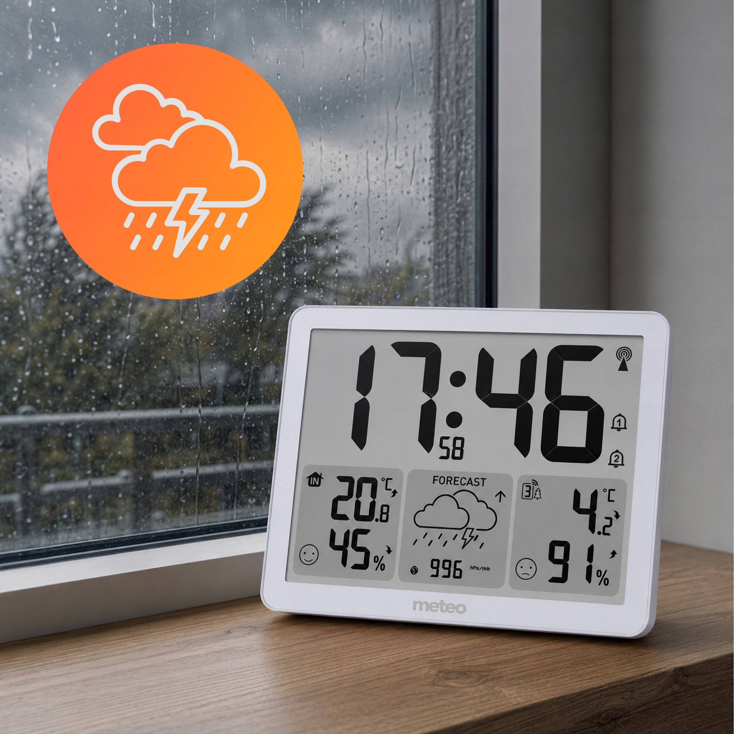 Stacja pogodowa pokazuje 17:46, 20,8°C, 45% wilgotności, 4,2°C, 91% wilgotności i prognozę deszczu.