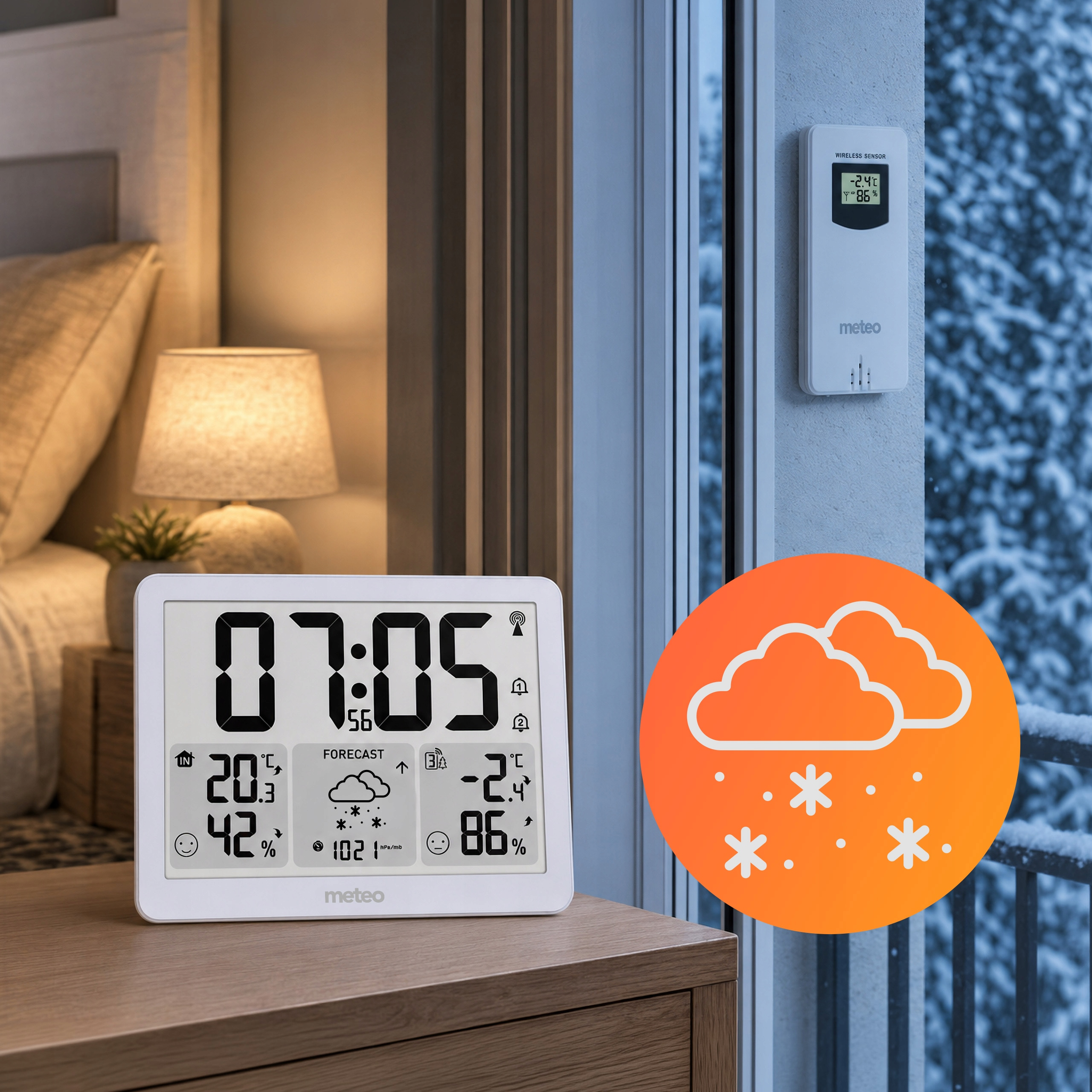 Stacja pogodowa pokazuje 07:05, 20.3C, 42%, -2.4C, 86%. Śnieg na zewnątrz.