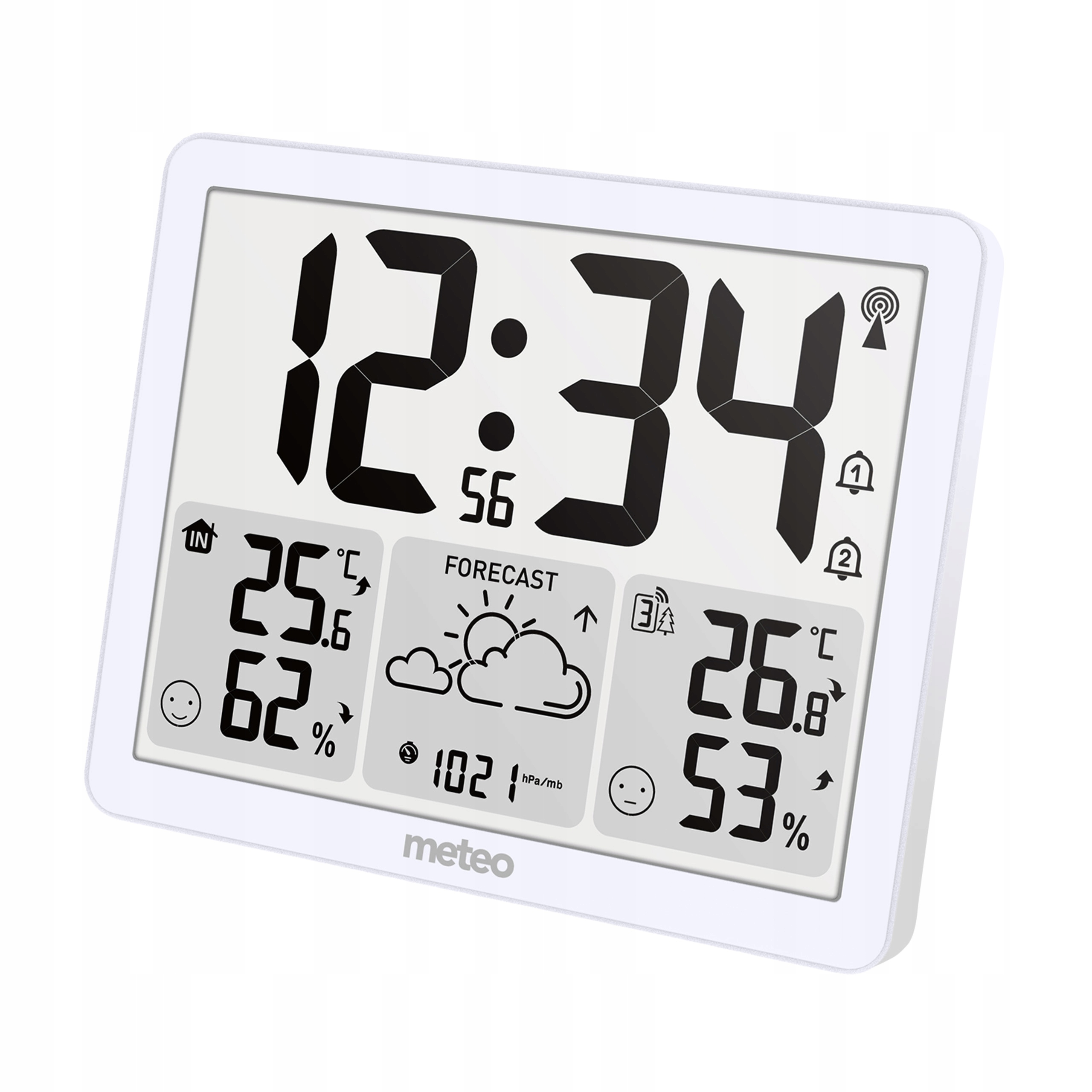 Cyfrowa stacja pogodowa wyświetla 12:34, temp. wewn. 25,6C, 62% wilgotności, prognozę pogody, temp. zewn. 26,8C, 53%.