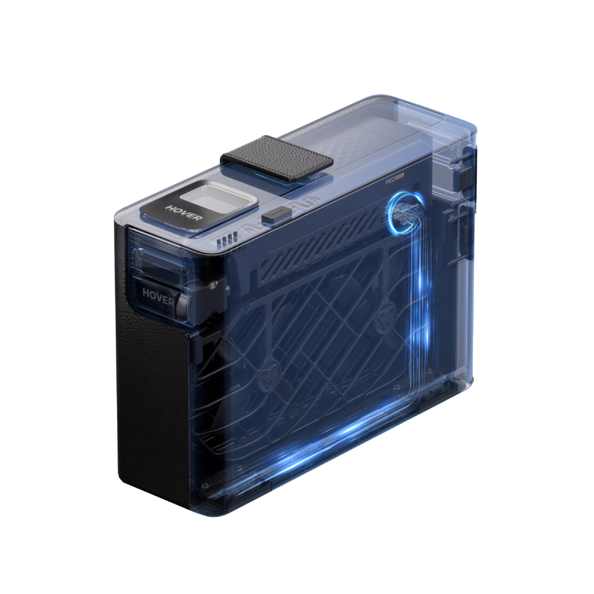 Ein transparenter schwarzer Kasten mit blauen Lichtern, auf weißem Hintergrund.