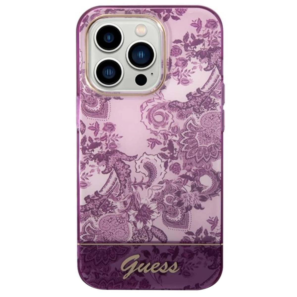 Custodia viola per telefono con motivo floreale e logo Guess.