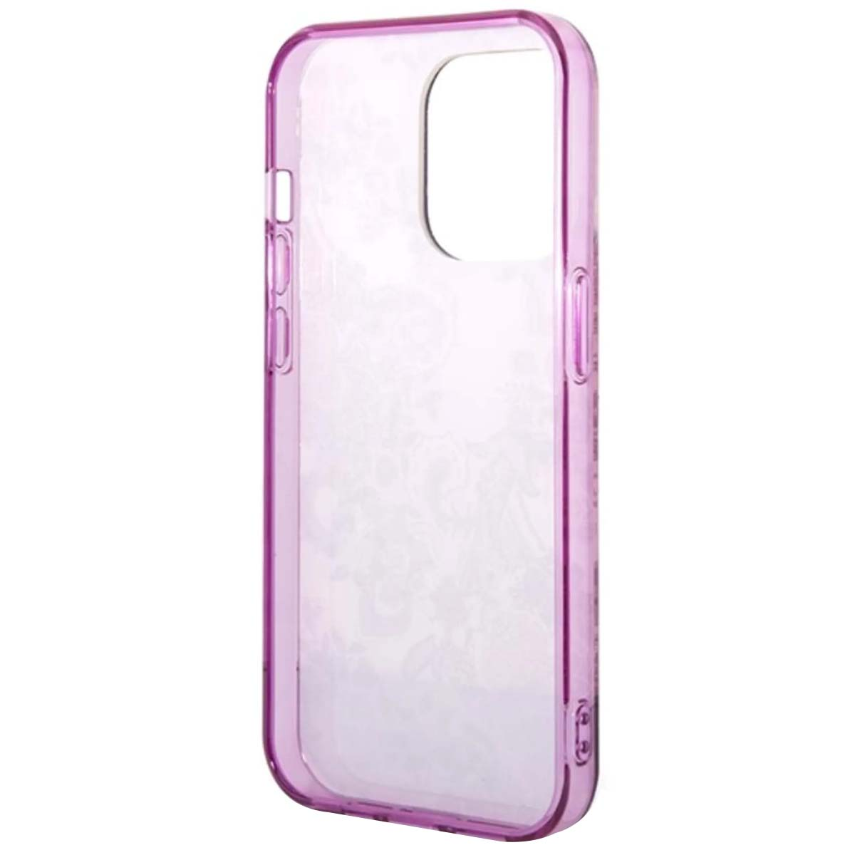 Una cover viola trasparente per telefono con fantasia floreale all'interno.