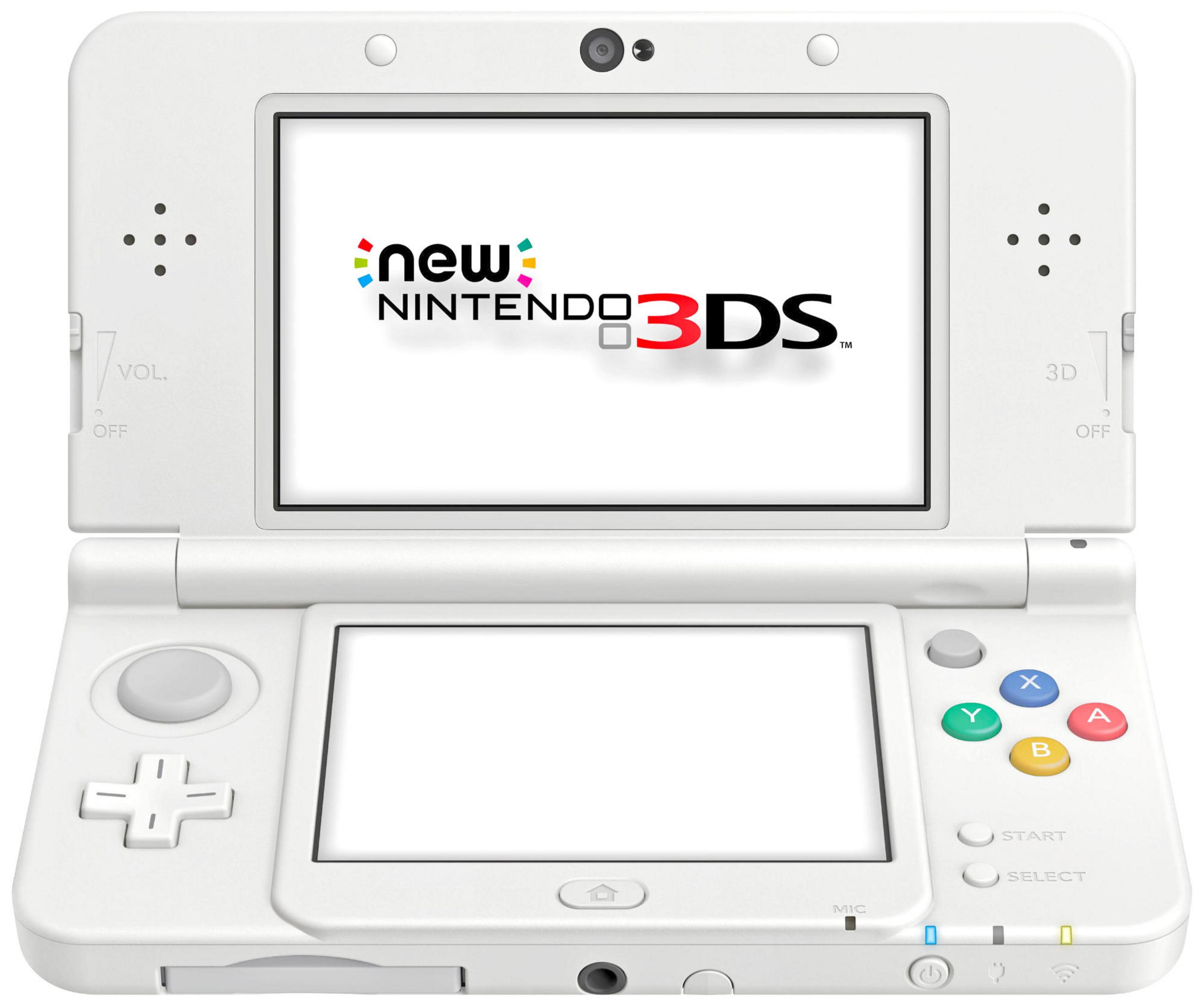 Ein weißes Nintendo 3DS mit dem 'New Nintendo 3DS'-Logo auf dem oberen Bildschirm.
