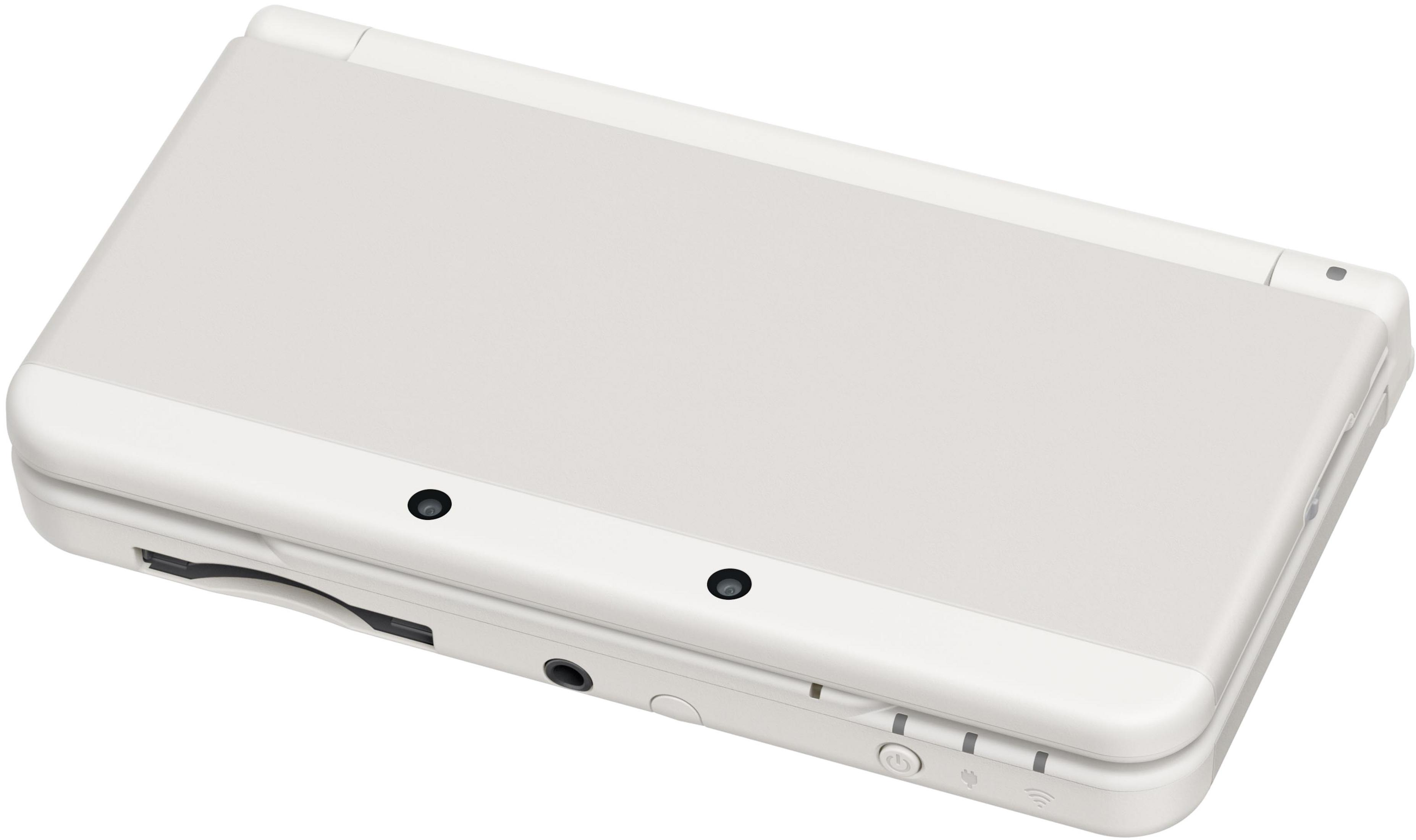 Ein geschlossenes, weißes Nintendo 3DS-Handheld mit zwei Kameras auf der Vorderseite.