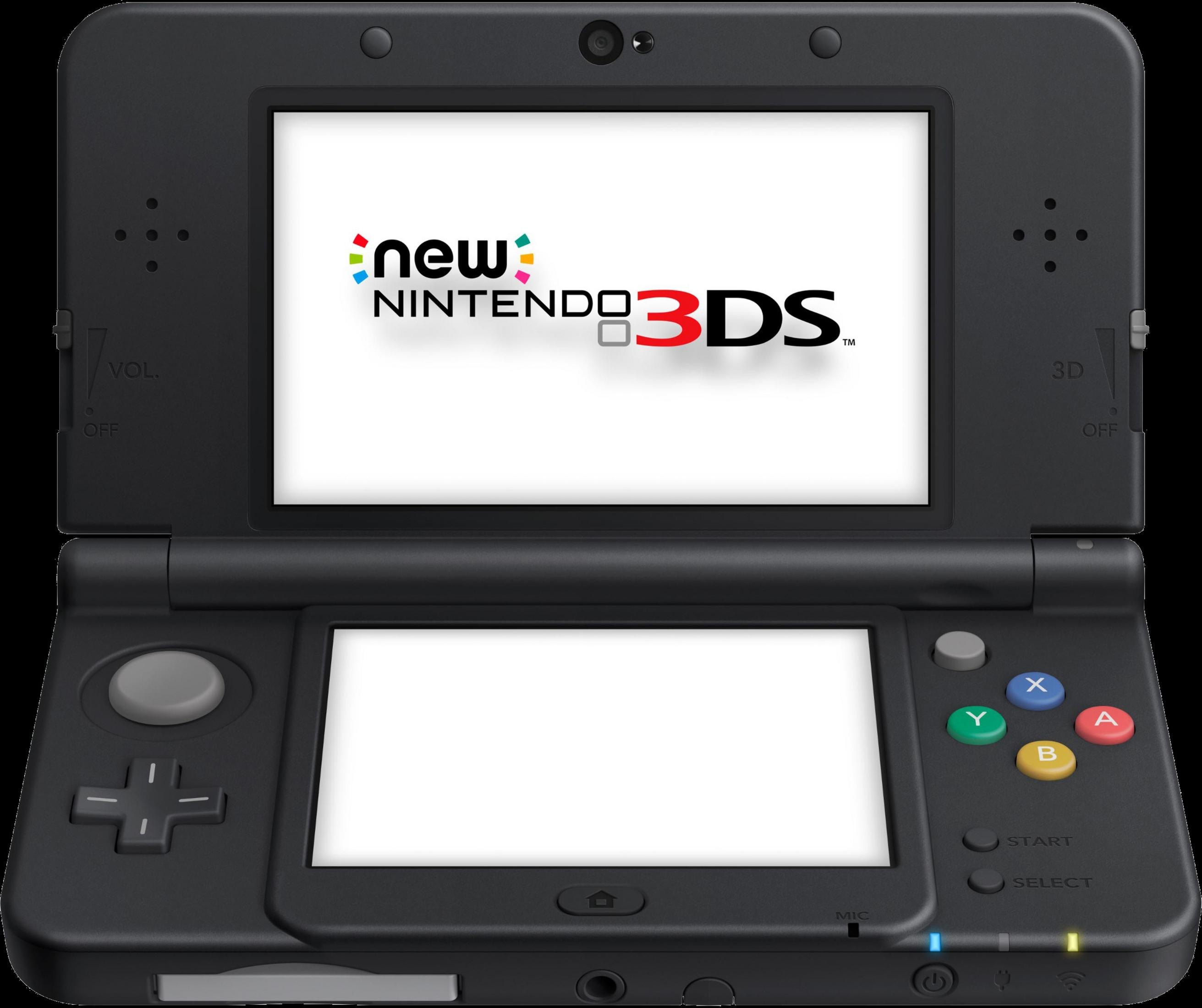 Ein schwarzes Nintendo 3DS mit dem Logo „new NINTENDO 3DS“ auf dem oberen Bildschirm.