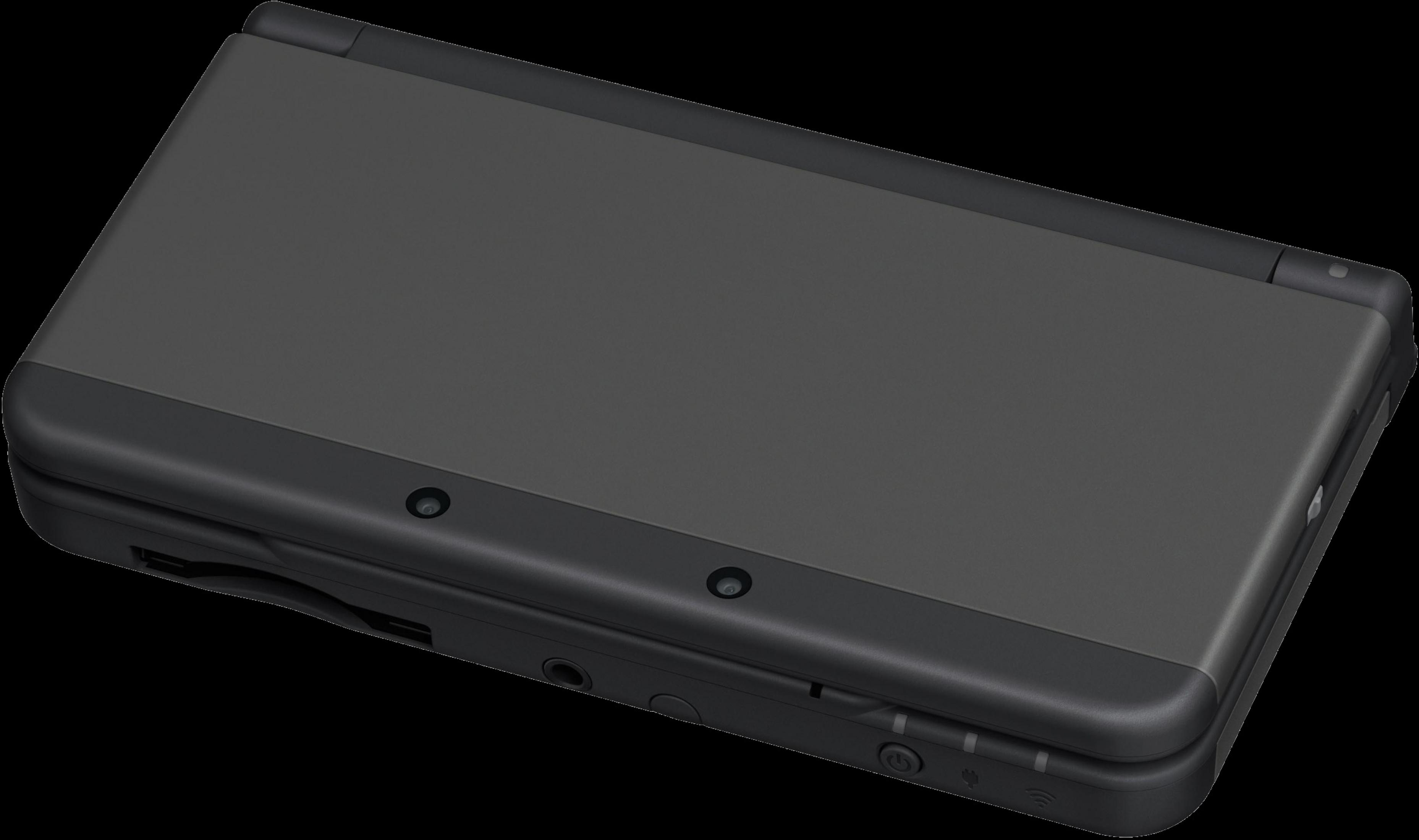 Geschlossenes dunkles Nintendo 3DS-Gerät mit Anschlüssen und Knöpfen an der Seite.