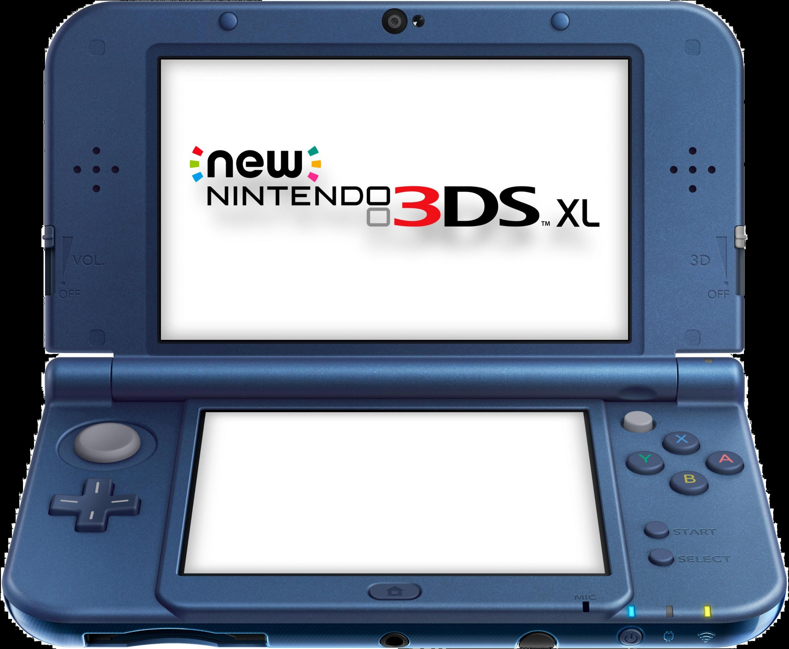Ein dunkelblauer Nintendo 3DS XL mit leerem Bildschirm und Logo.