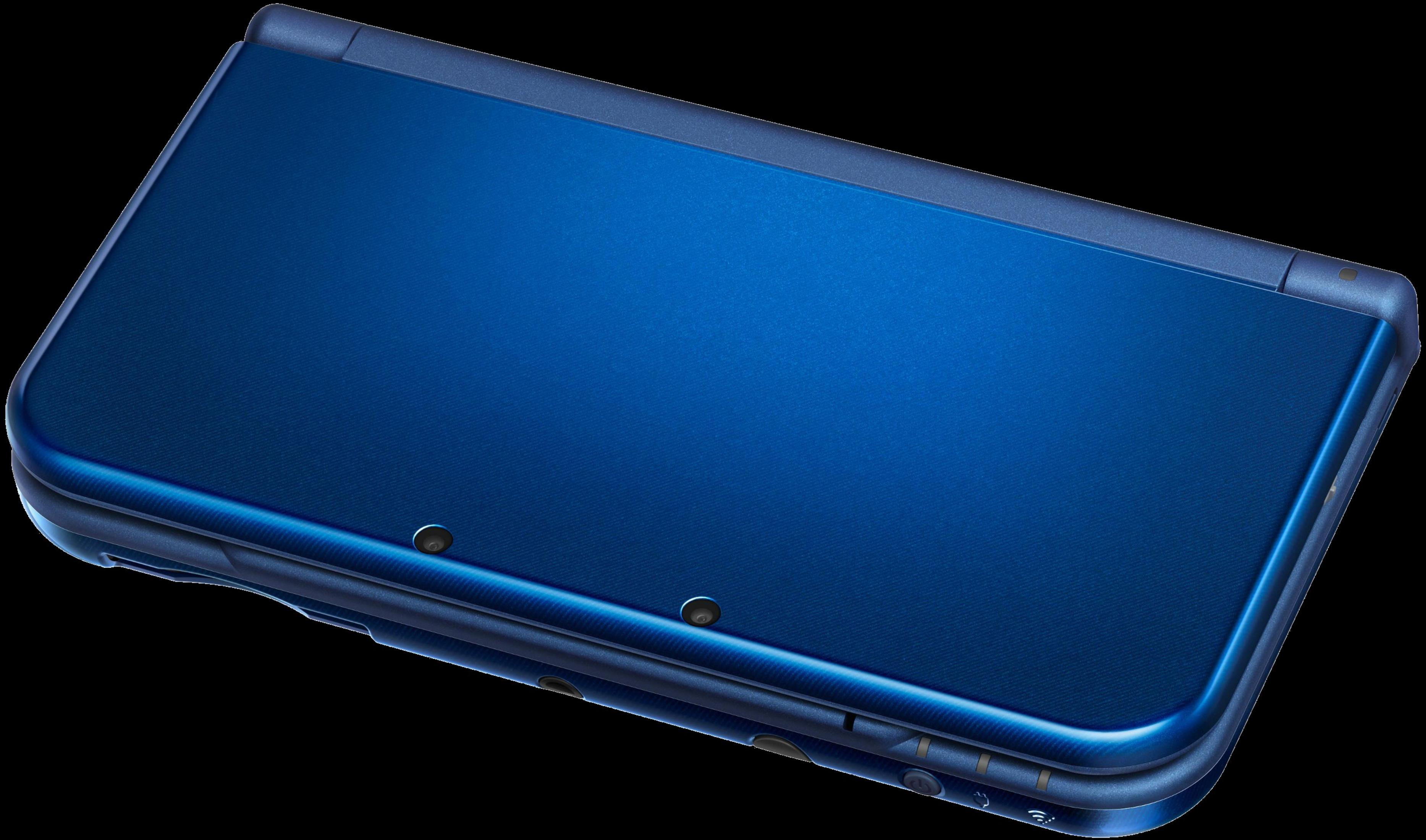 Ein geschlossenes, glänzend blaues Nintendo 3DS-Gerät mit Kameras und Knöpfen.
