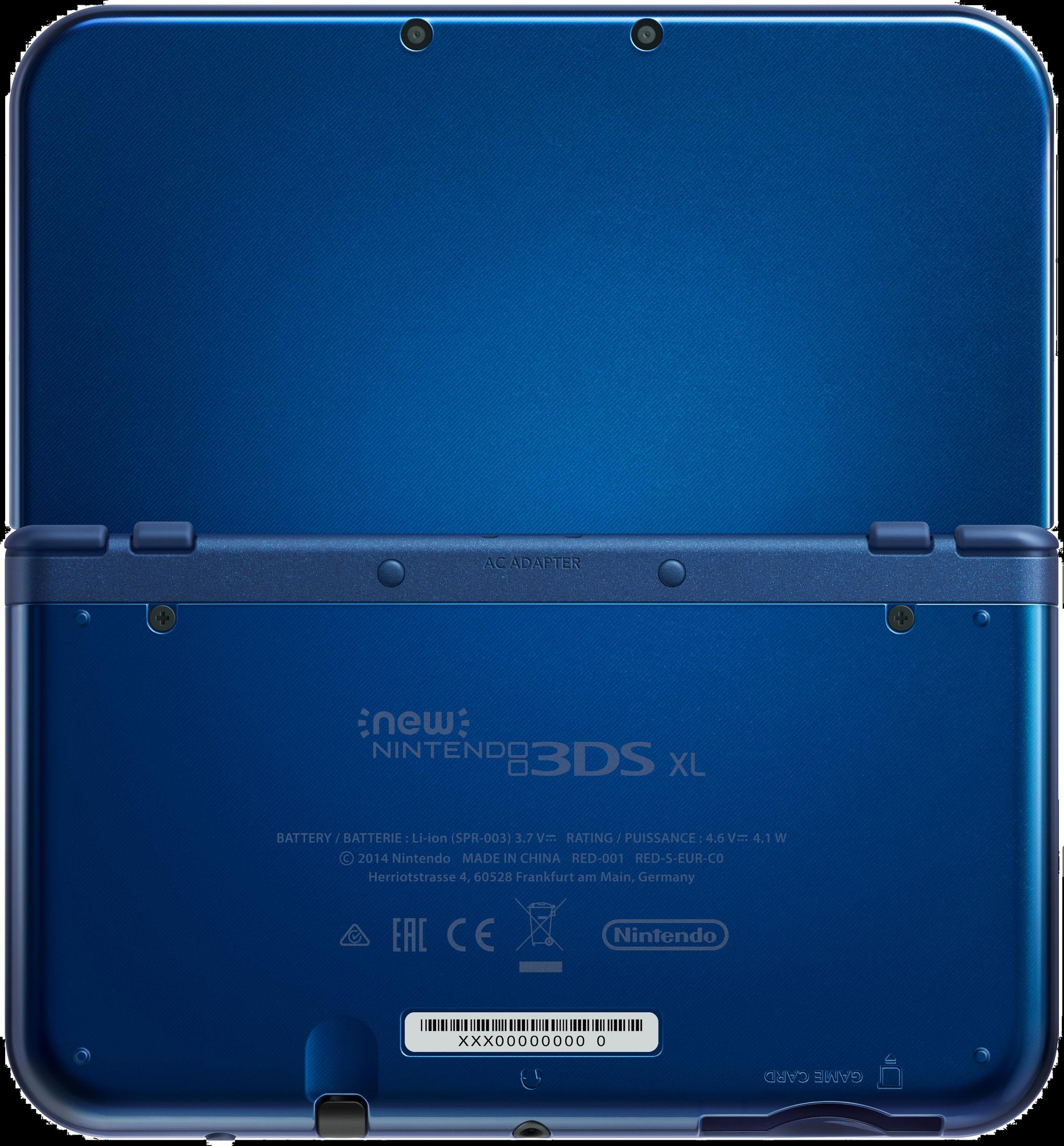Blaue Nintendo 3DS XL Rückseite mit Details und Beschriftungen.