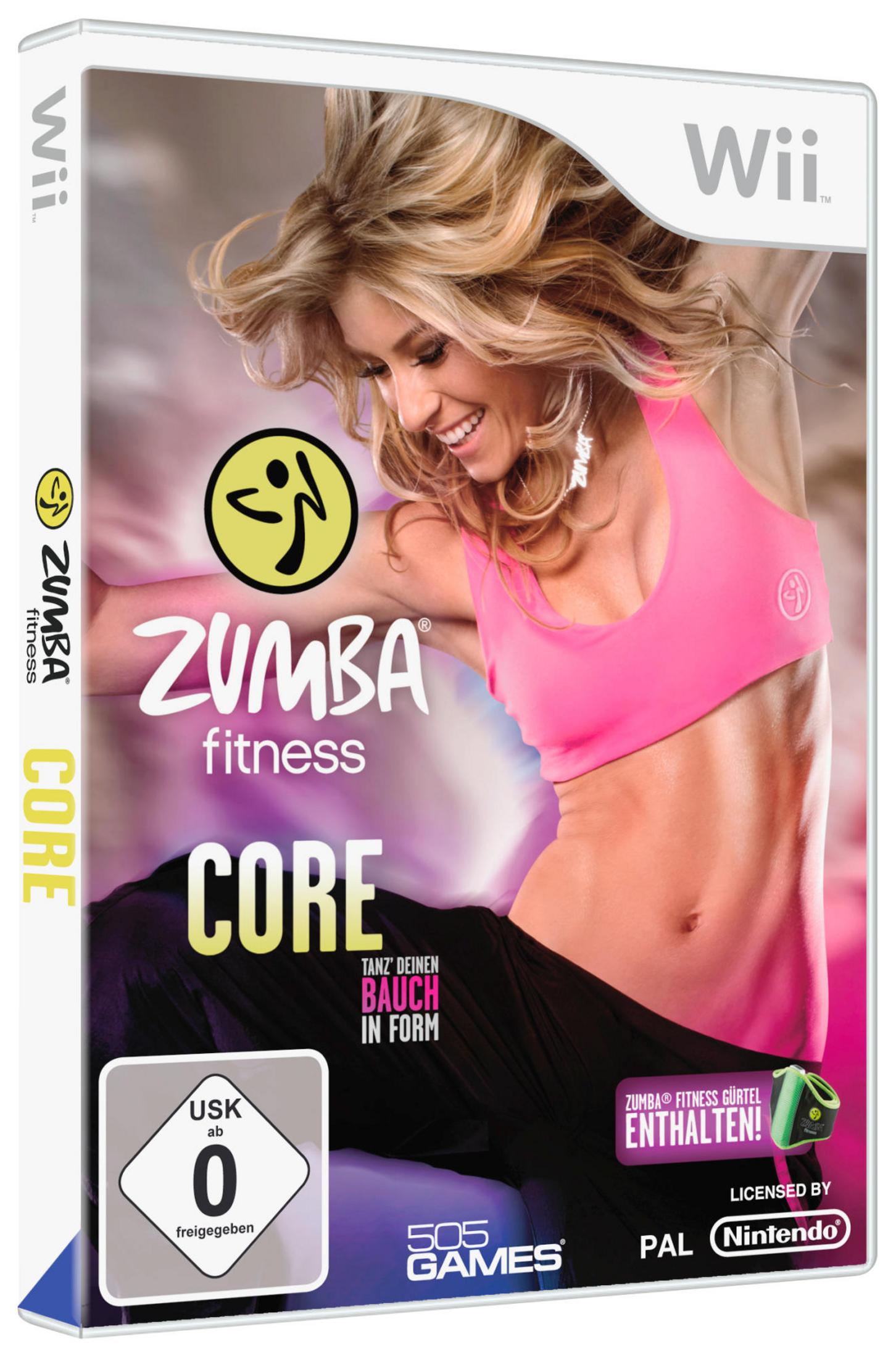 Zumba Fitness Core Wii-Hülle mit Frau in pinkem Sport-BH und schwarzer Hose.