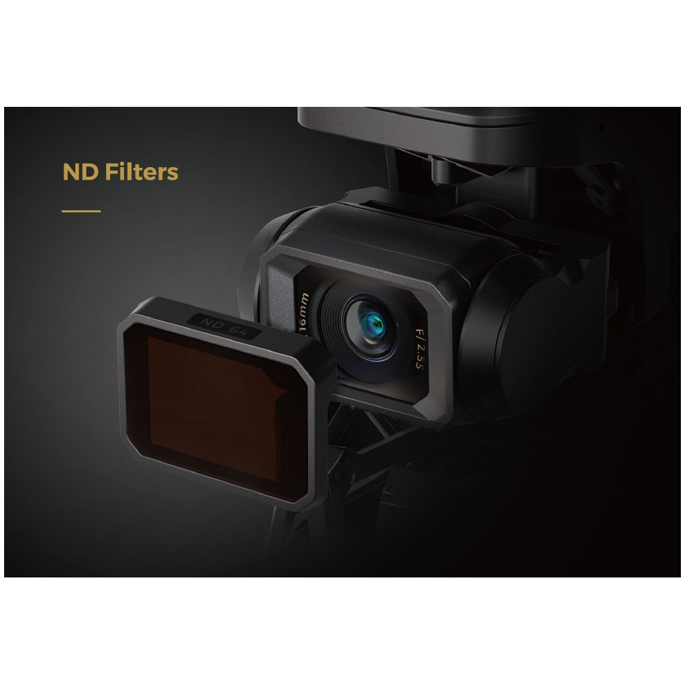 Zbliżenie obiektywu kamery z dołączonym filtrem ND 64. Tekst: 'ND Filters'.