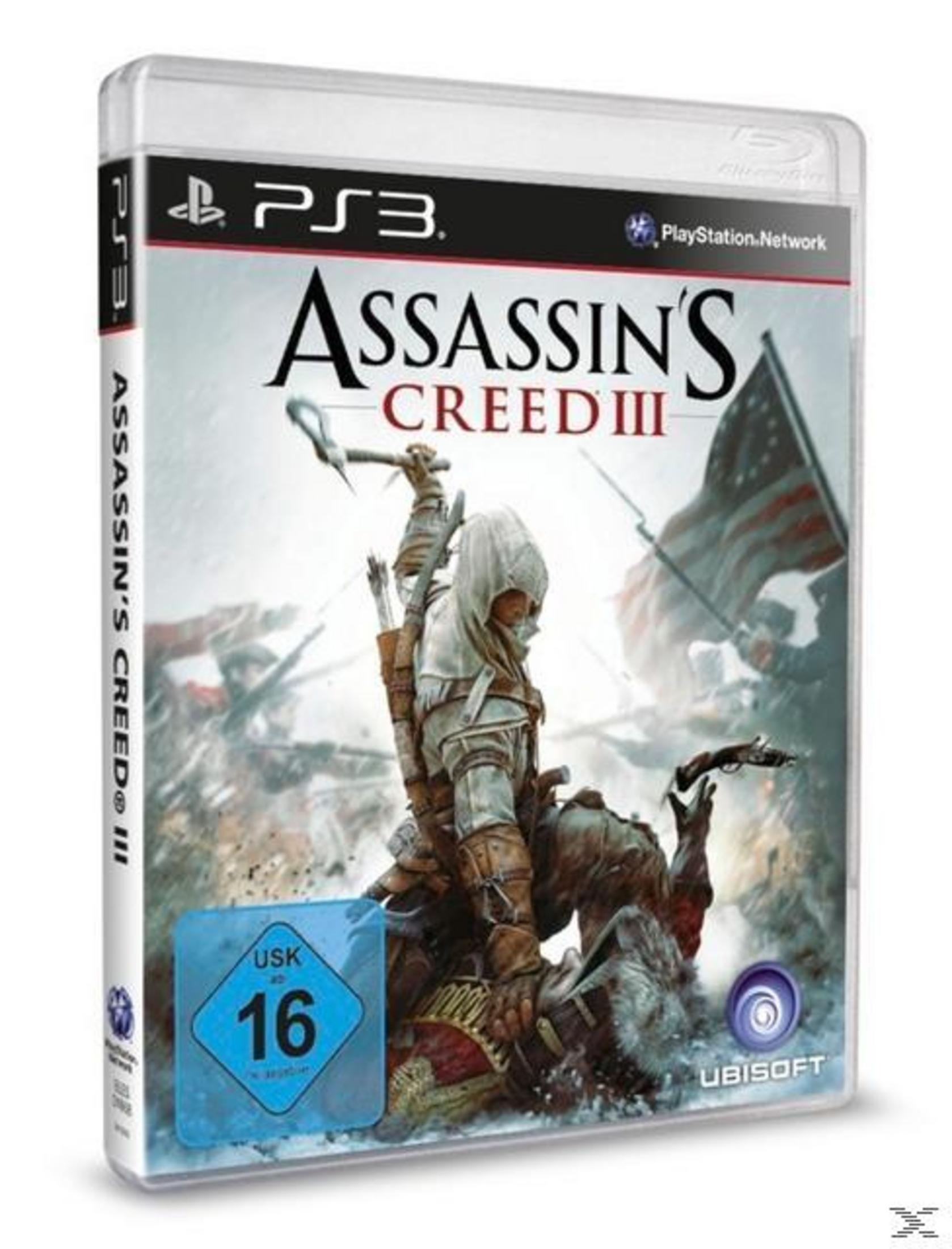 Cover von Assassin's Creed III für PS3 mit einem Assassinen vor einer Flagge.