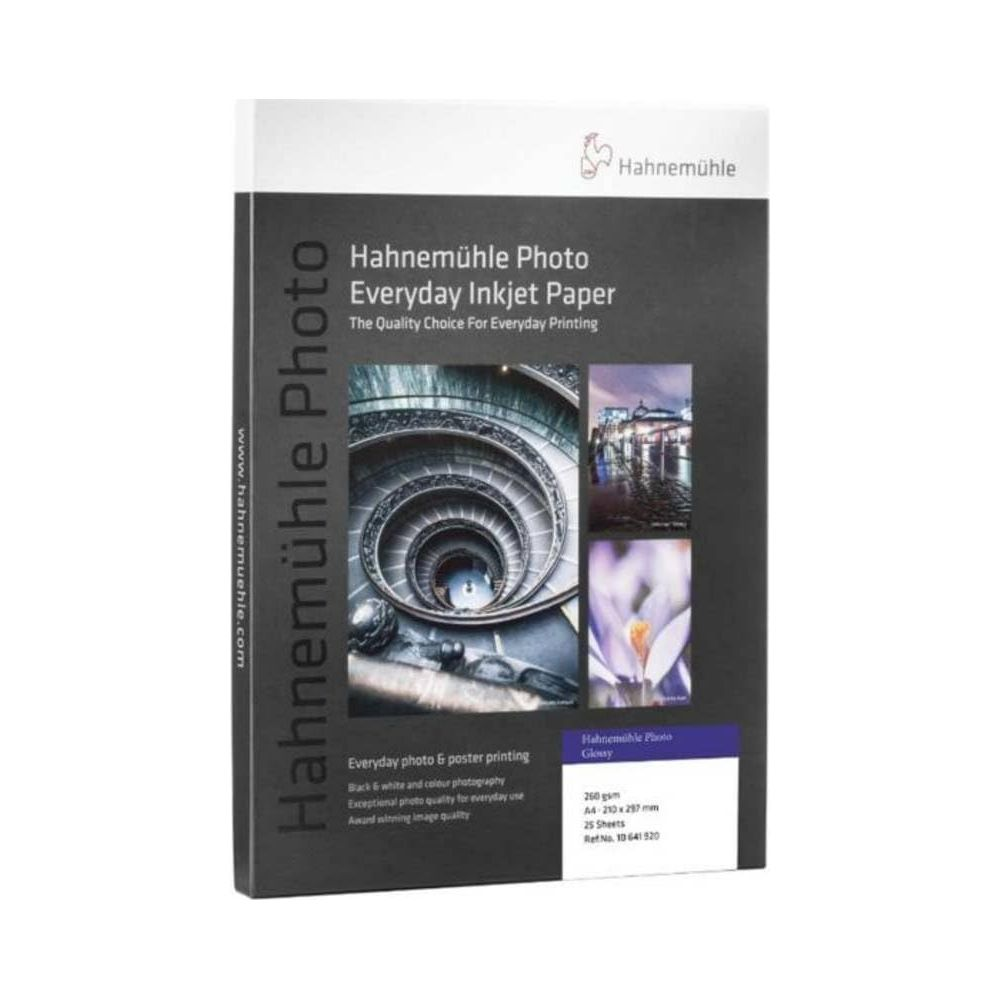 Verpackung für Hahnemühle Foto Inkjet Paper, zeigt verschiedene Fotos.