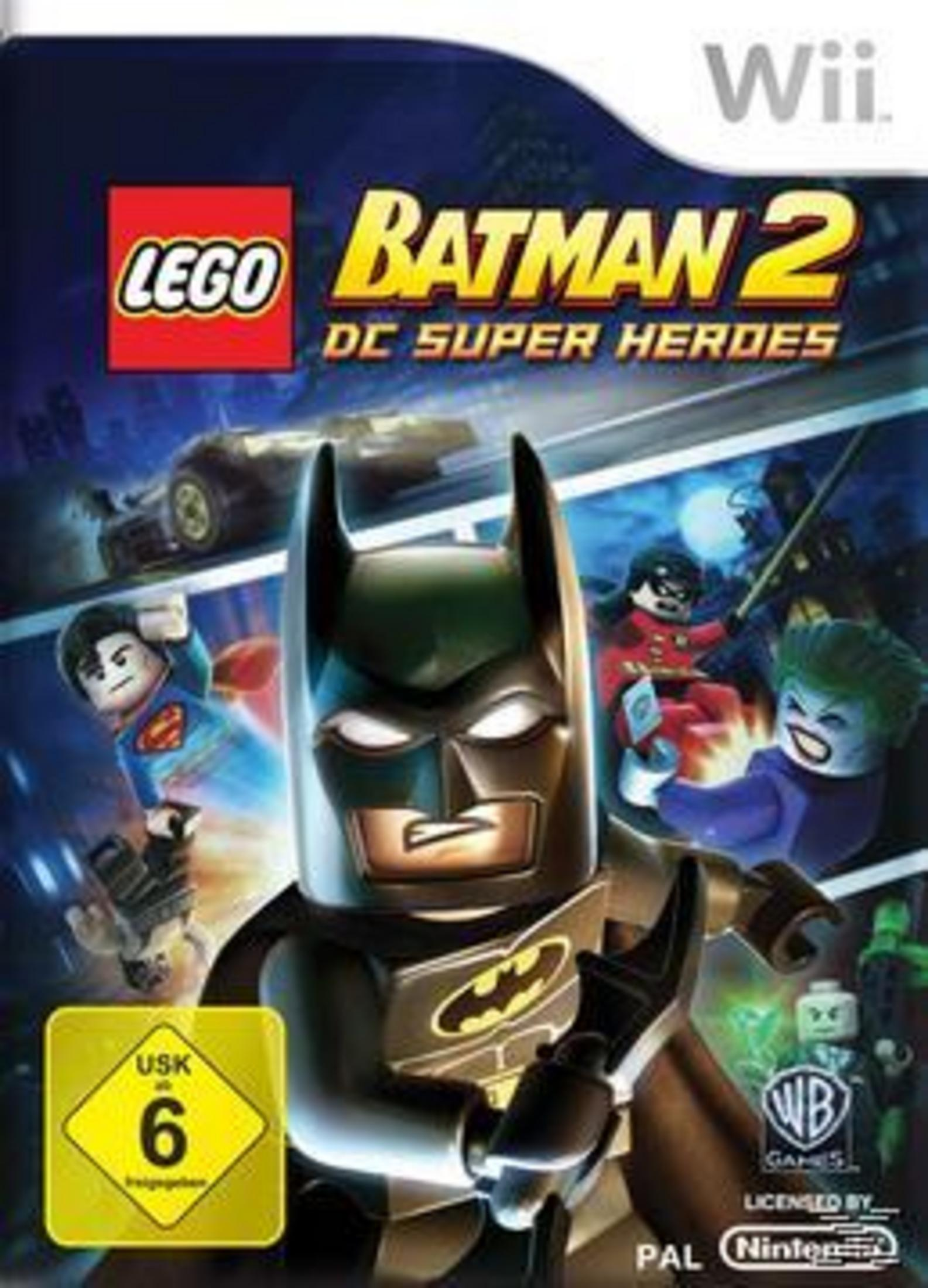 Cover von Lego Batman 2: DC Super Heroes für Wii mit Batman, Superman, Robin und Joker.