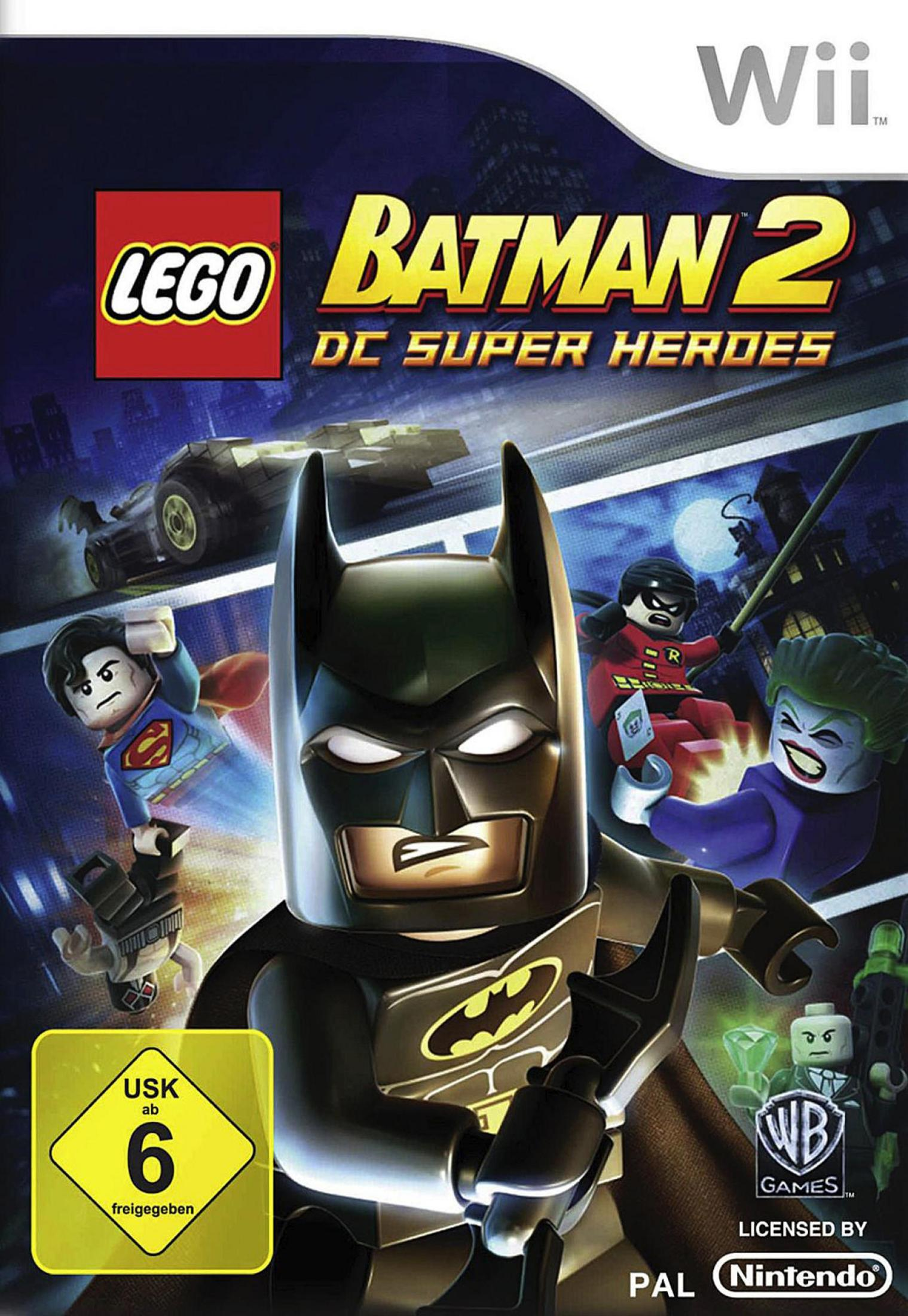 Cover von Lego Batman 2: DC Super Heroes für Wii mit Batman, Superman, Robin und Joker.