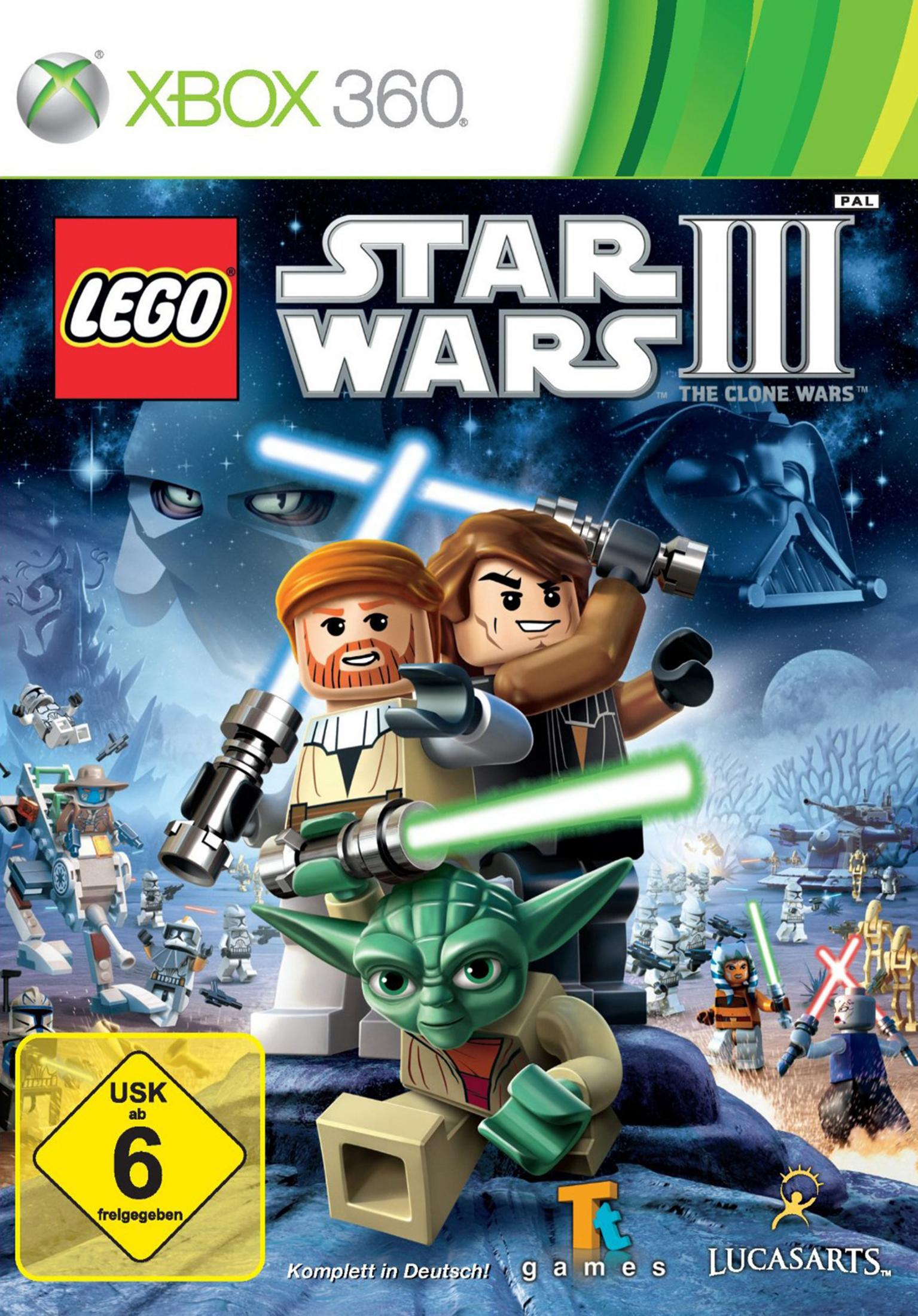 Lego Star Wars III: The Clone Wars Xbox 360 Cover mit Yoda, Obi-Wan und Anakin.