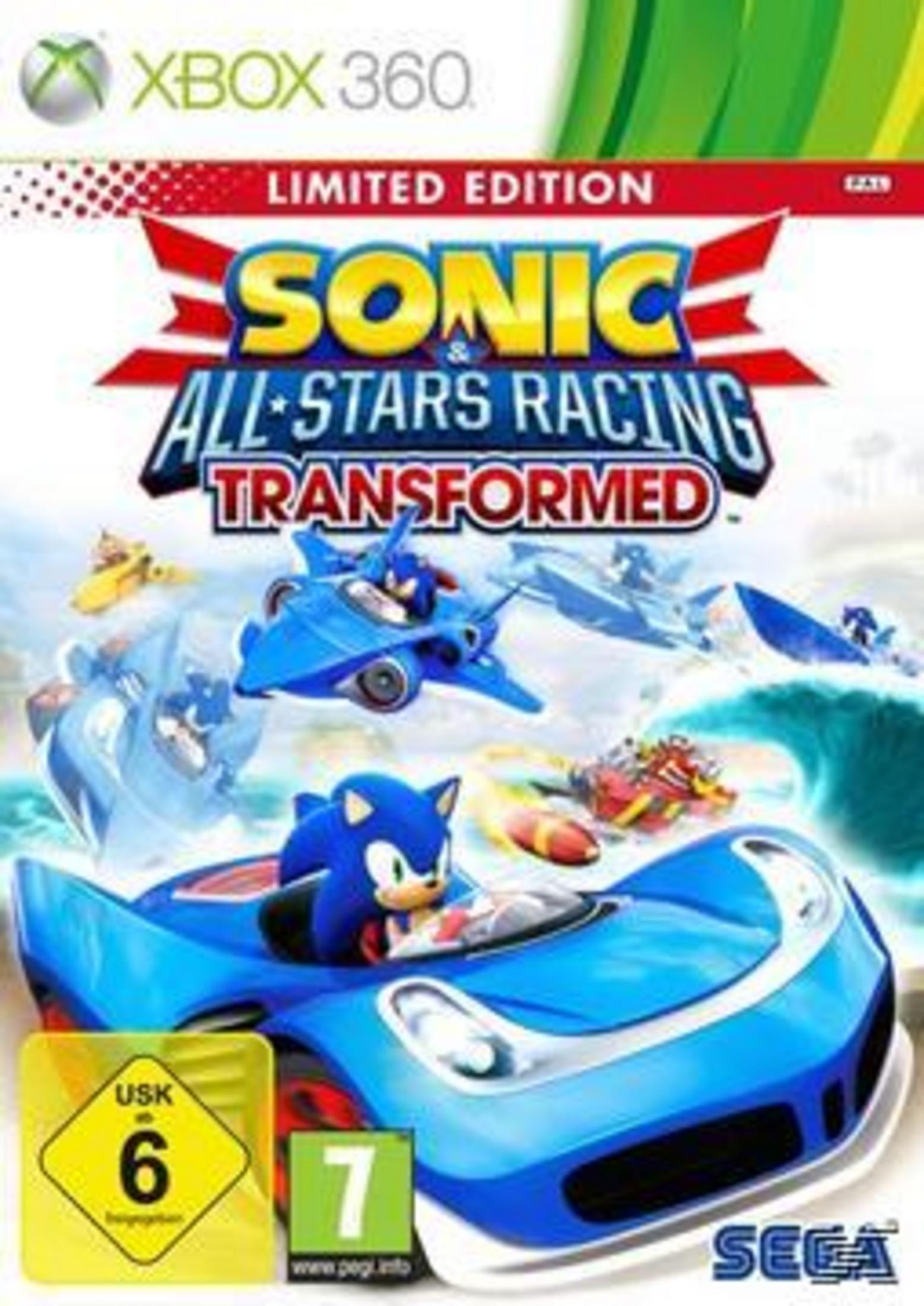 Sonic All-Stars Racing Transformed Xbox 360-Spielcover mit Sonic in einem blauen Auto.