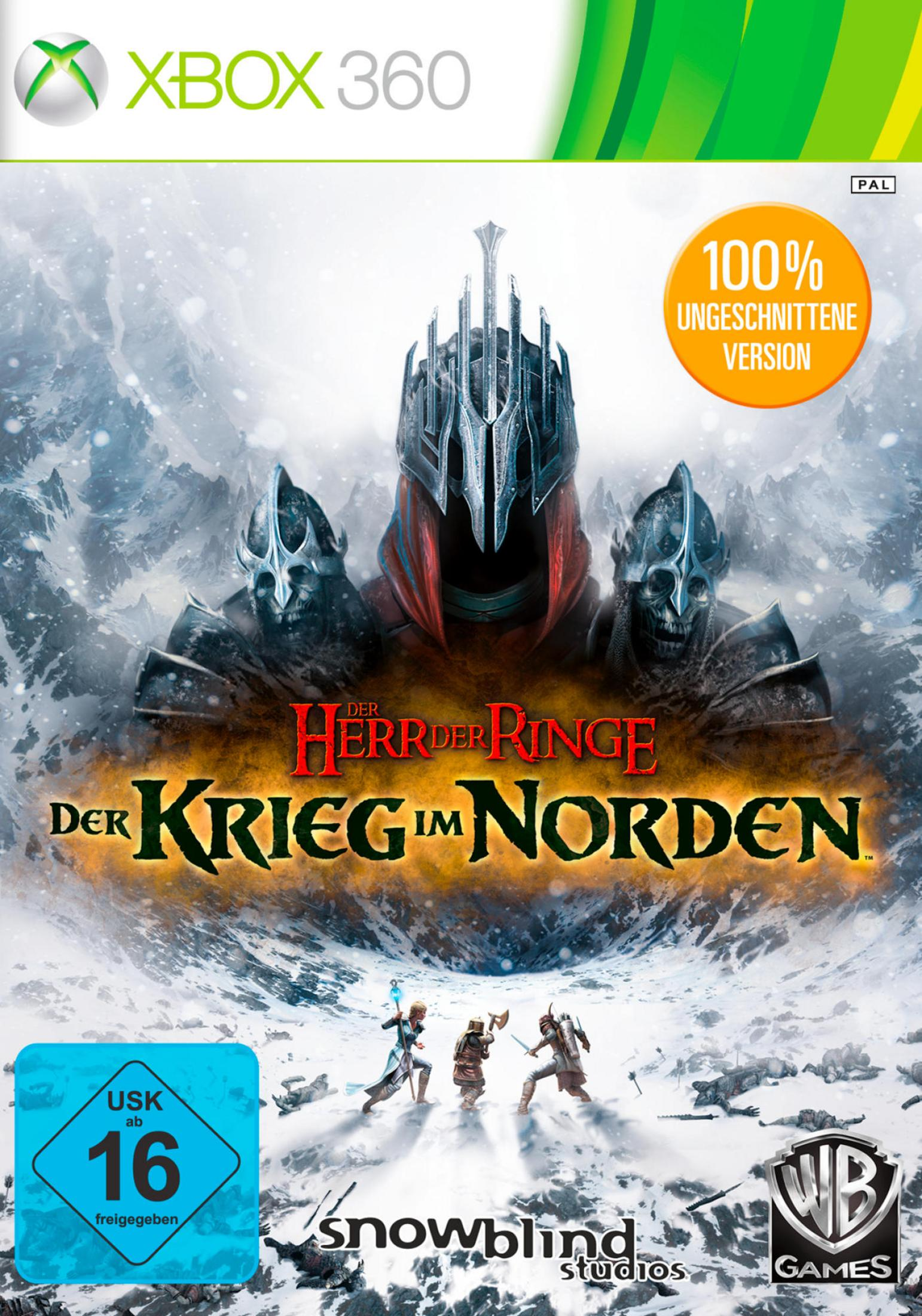 Xbox 360 Spielcover: "Der Herr der Ringe: Der Krieg im Norden" mit Kriegern und Schnee.