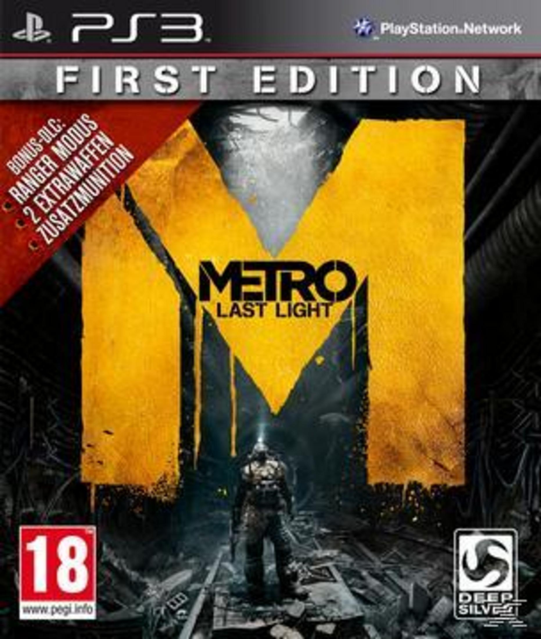 Cover von Metro Last Light: Ein Soldat steht auf Gleisen vor einem großen gelben "M".