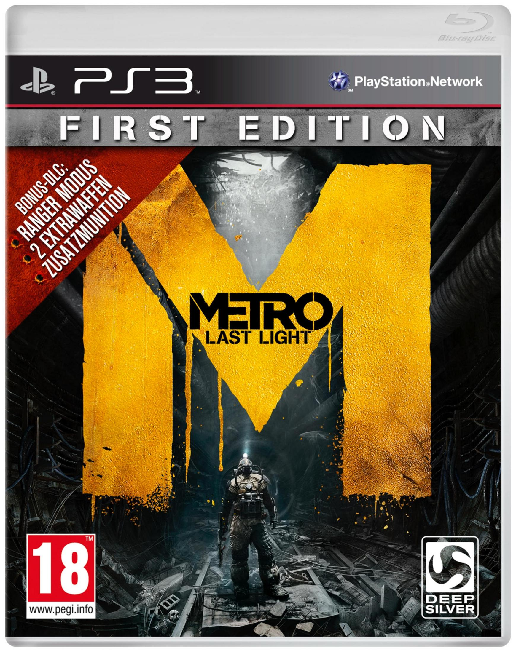Cover von Metro Last Light First Edition für PS3 mit einem Soldaten in dunkler Umgebung.