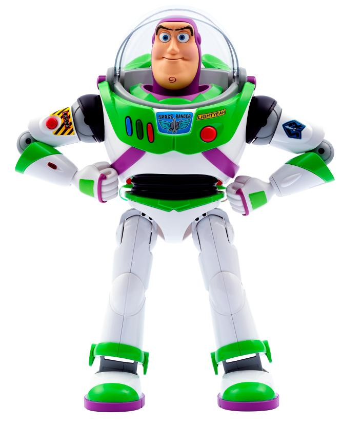 Figura de Buzz Lightyear con traje espacial blanco, verde y morado, casco abierto.