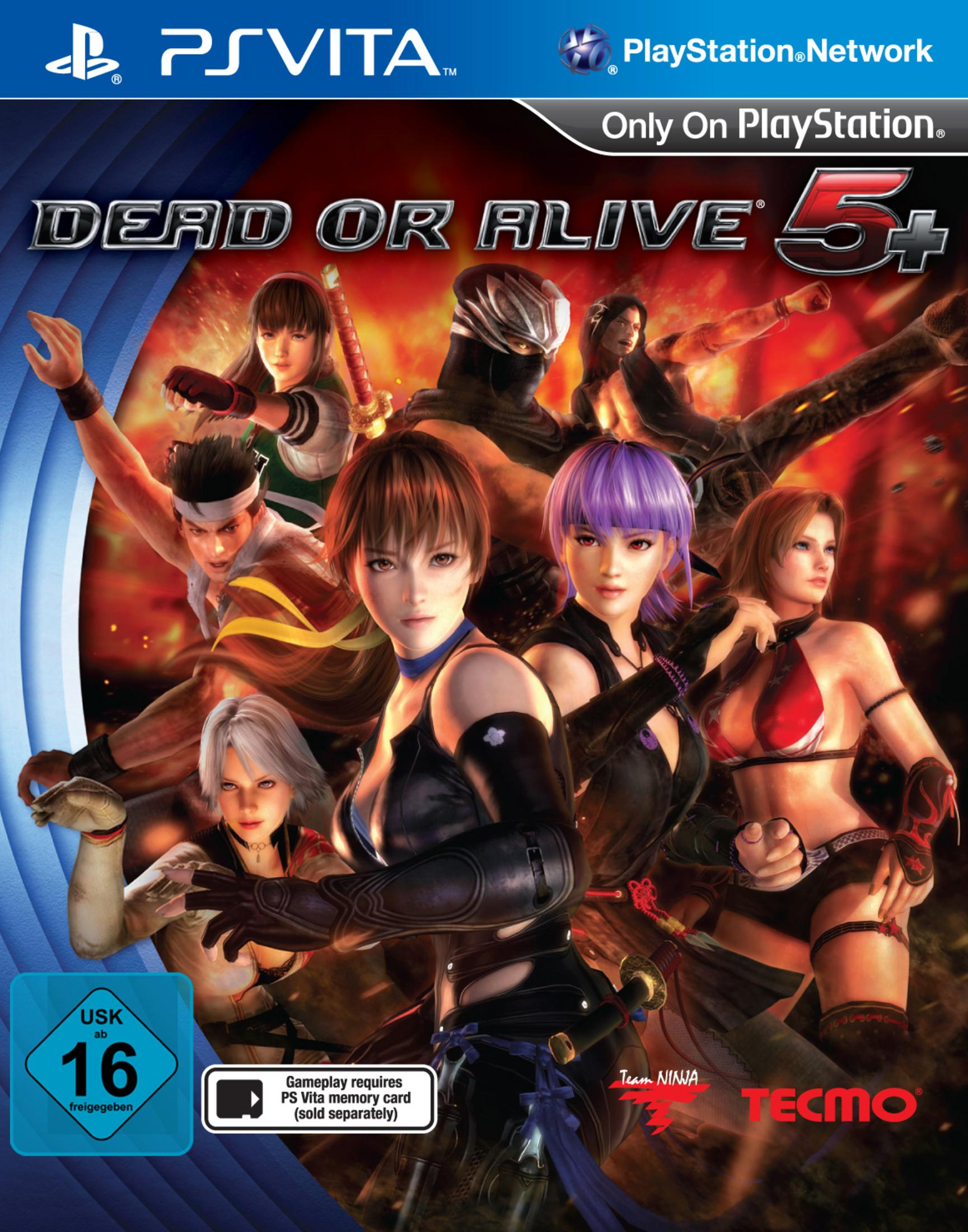 Dead or Alive 5+ PS Vita Cover mit Kämpfern, USK 16, Team Ninja und Tecmo Logos.