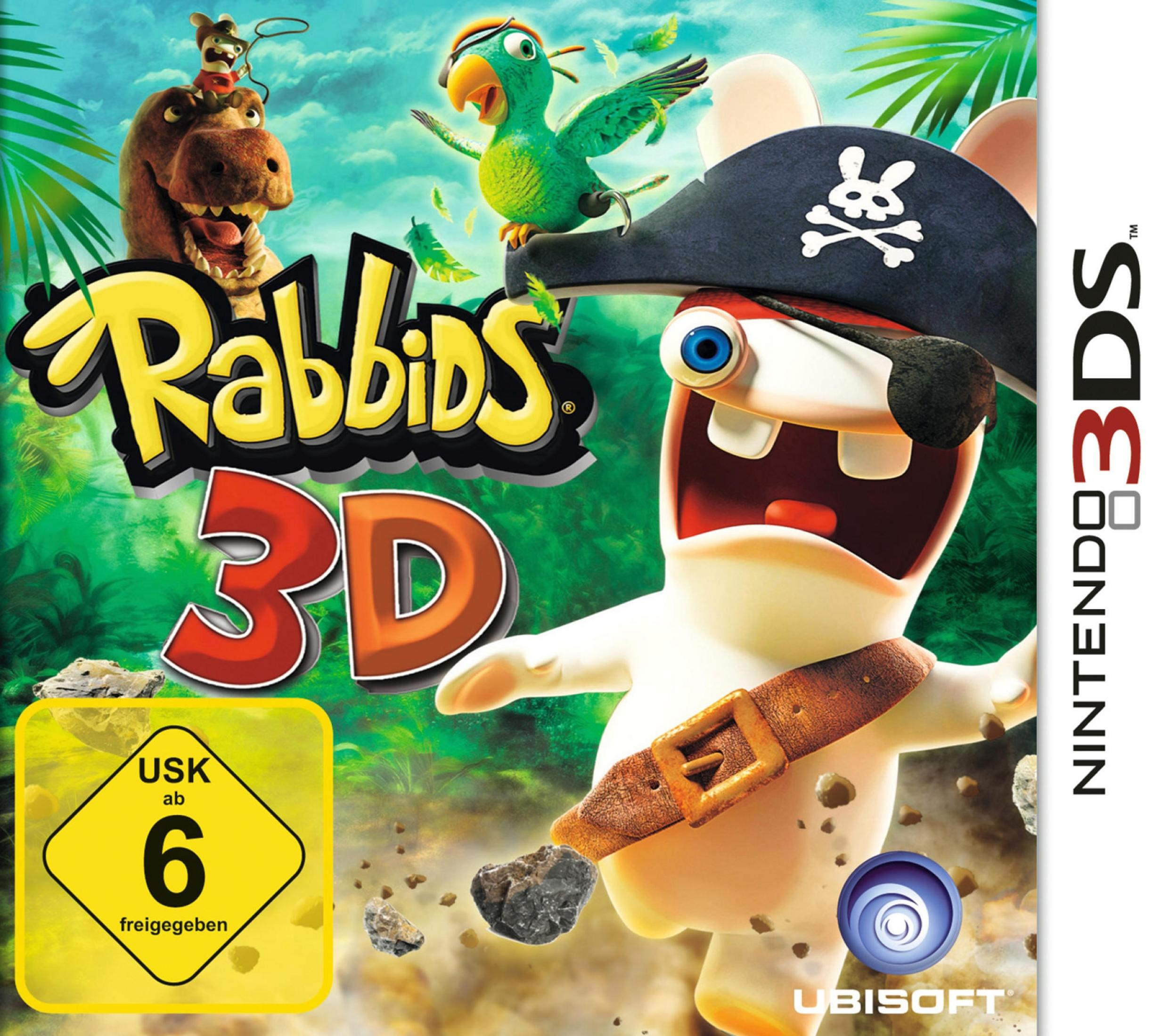 Rabbids 3D Cover: Piraten-Rabbid mit Augenklappe, Papagei, Dino, USK 6 Siegel.