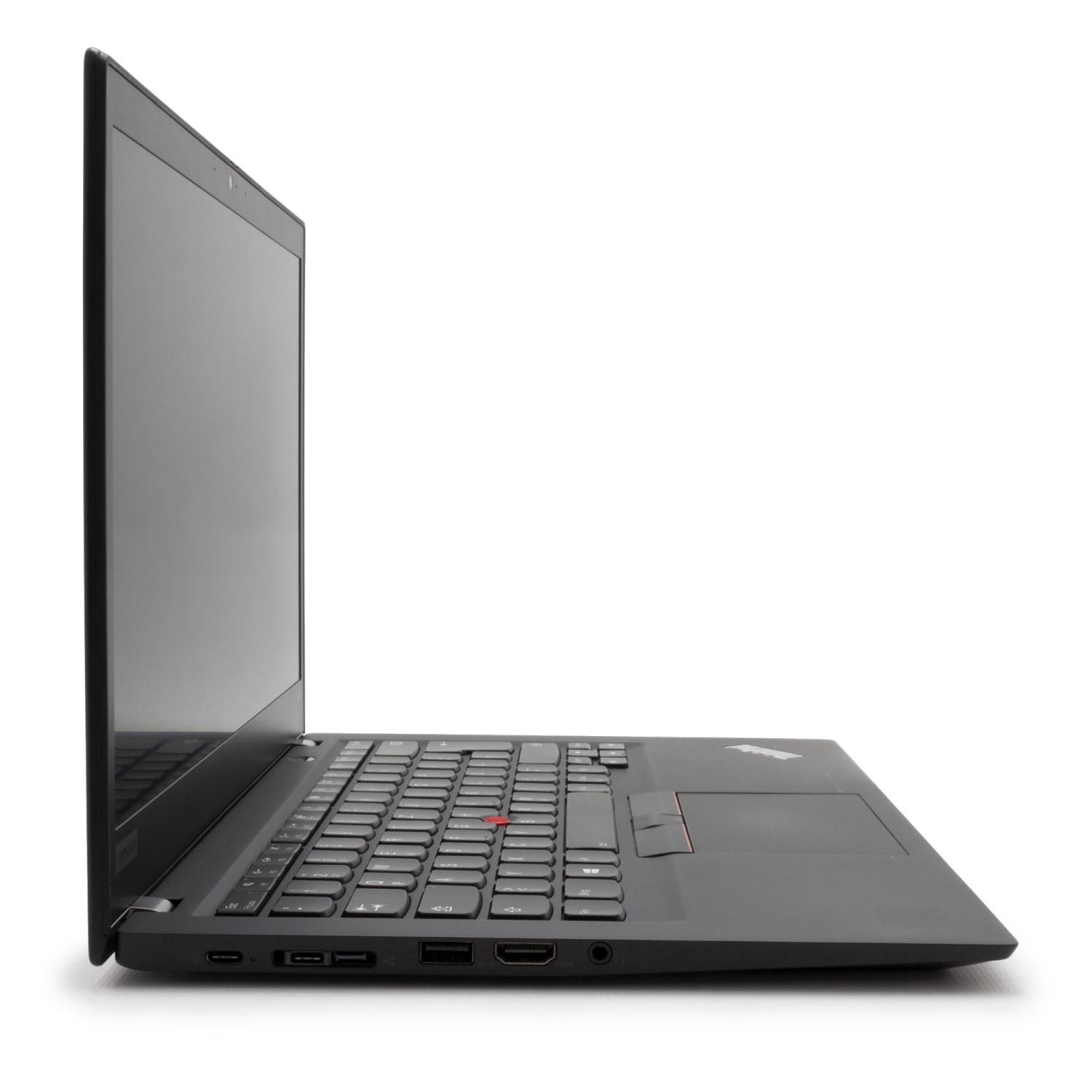 Schwarzer Laptop mit geöffnetem Bildschirm und Tastatur, seitliche Ansicht.