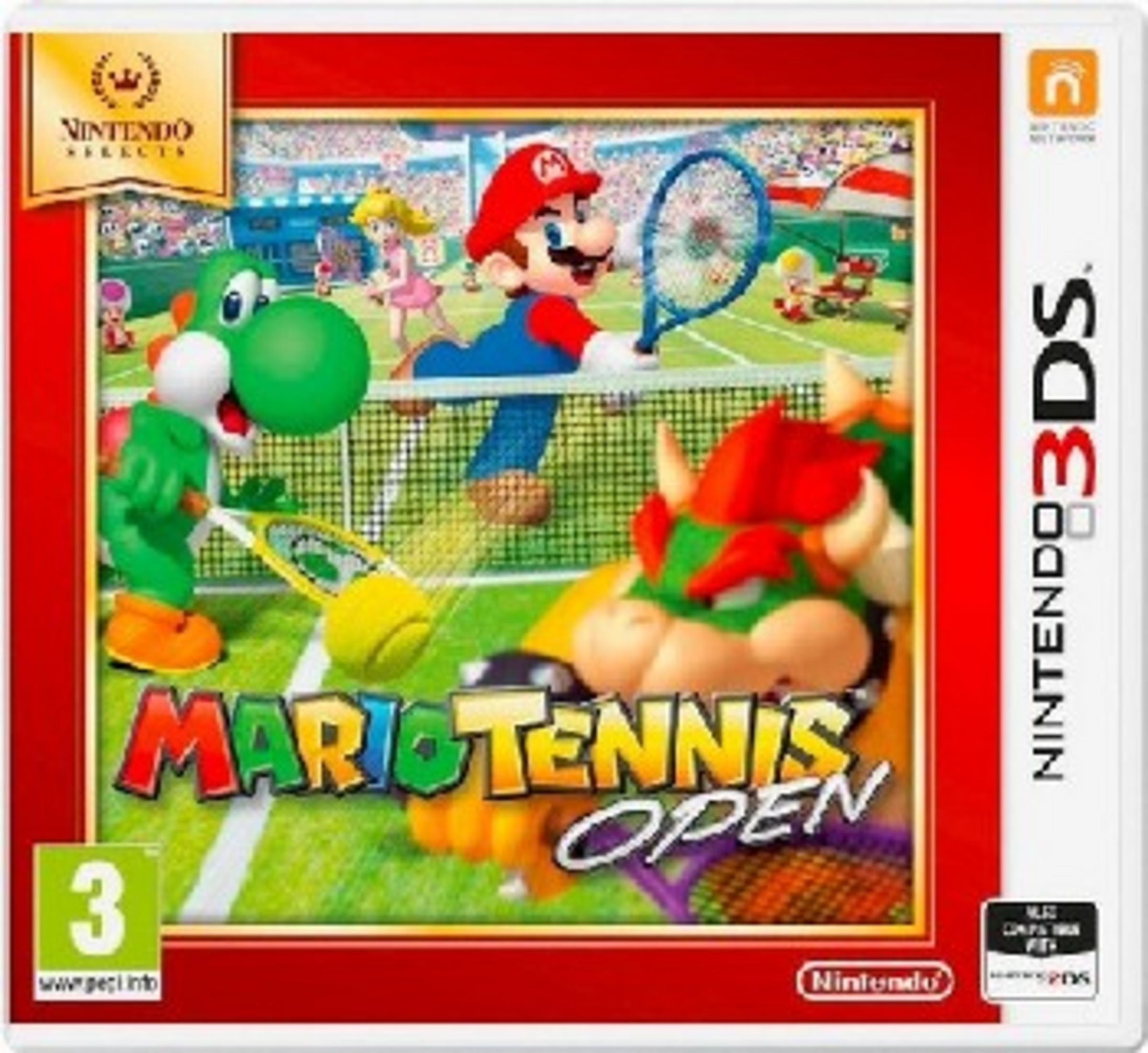 Portada de Mario Tennis Open: Mario, Yoshi, Peach y Bowser juegan al tenis en pista verde.