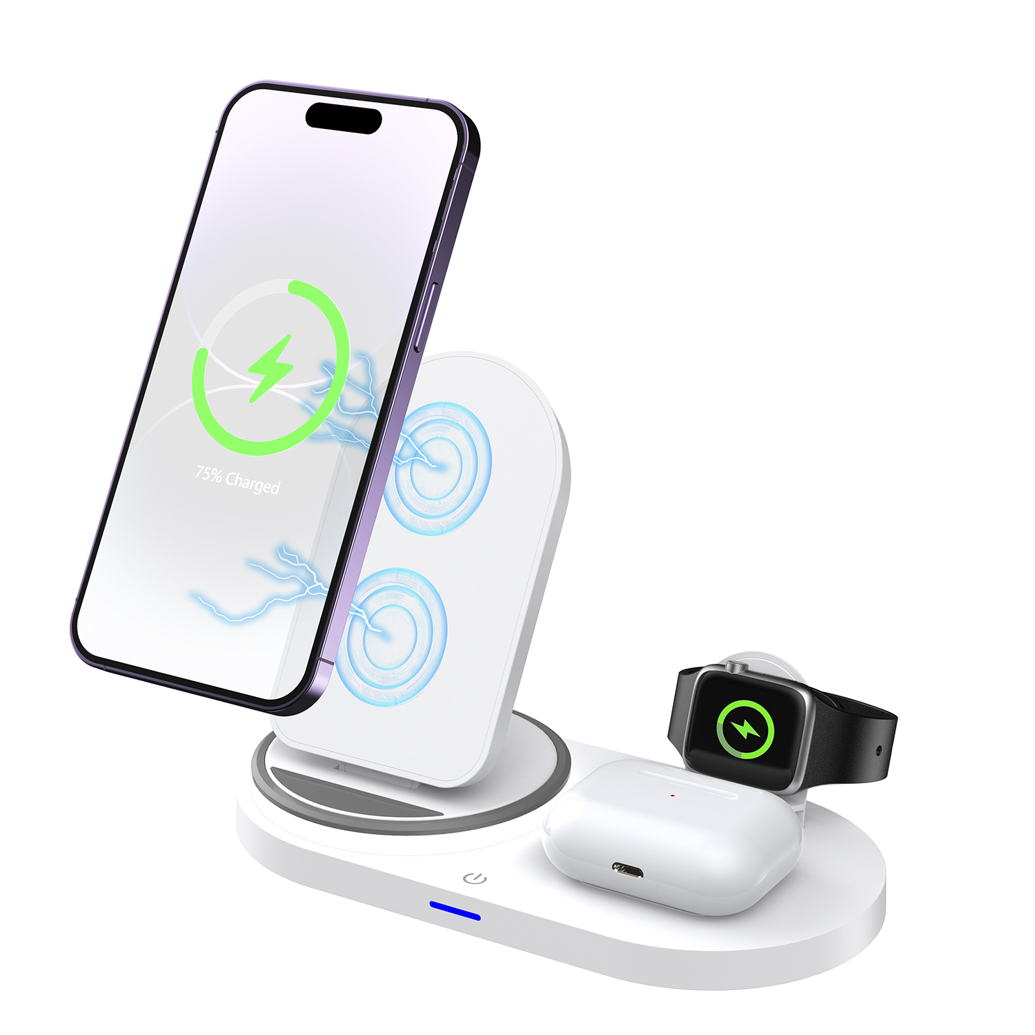 Un telefono viola, auricolari bianchi e uno smartwatch si caricano su una stazione bianca.