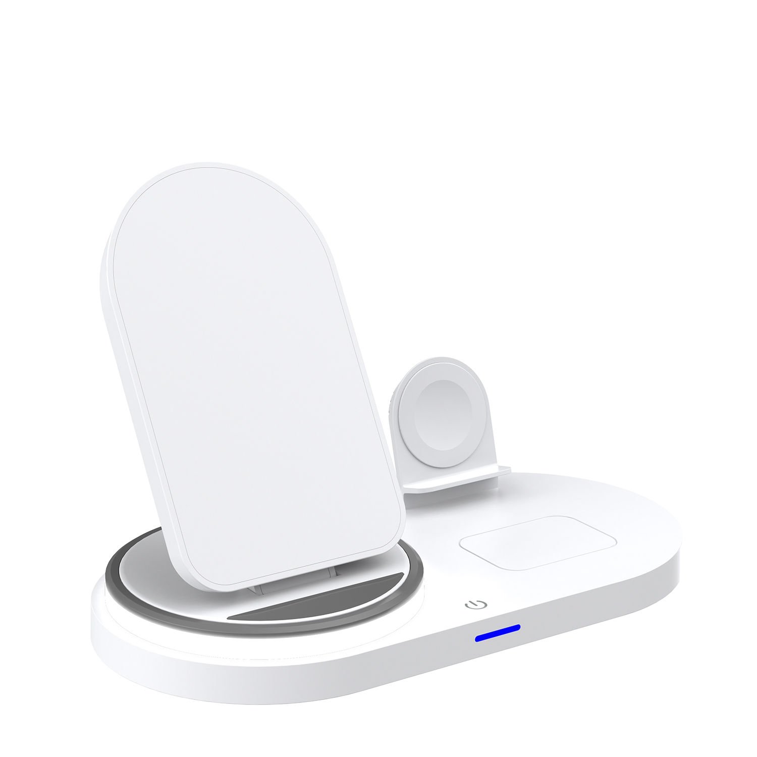 Un caricatore wireless bianco per telefono e orologio con indicatore.