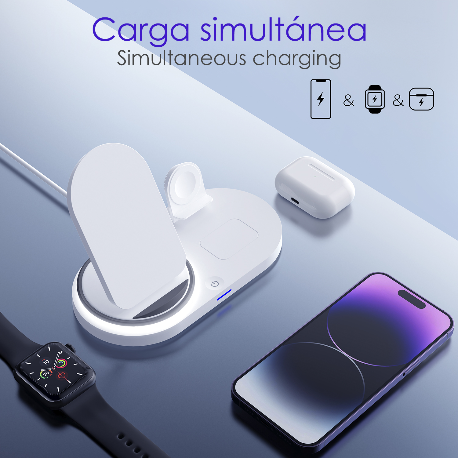 Una stazione di ricarica bianca per telefono, orologio e auricolari.