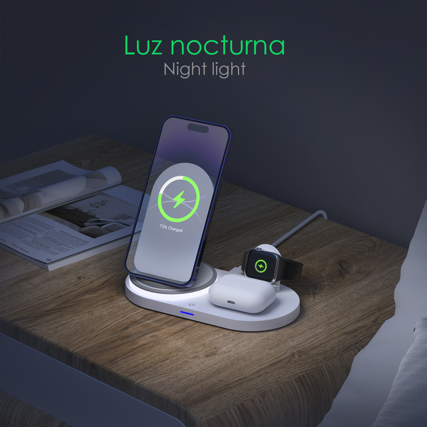 Un caricabatterie wireless bianco tiene un telefono, uno smartwatch e auricolari su un comodino di legno.