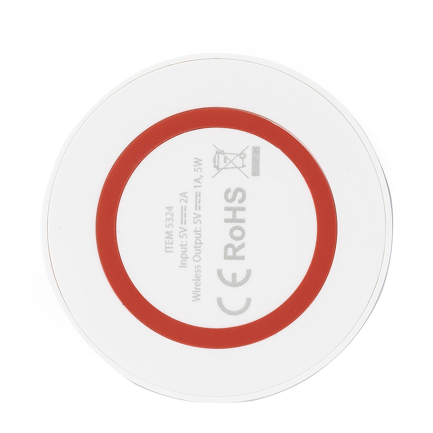 Base di ricarica bianca con anello rosso. Testo: Articolo 5324, Ingresso: 5V 2A, Uscita: 5V 1A 5W.