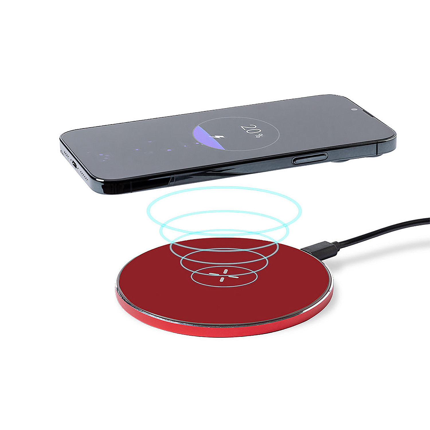 Un caricatore wireless rosso con uno smartphone sospeso sopra.