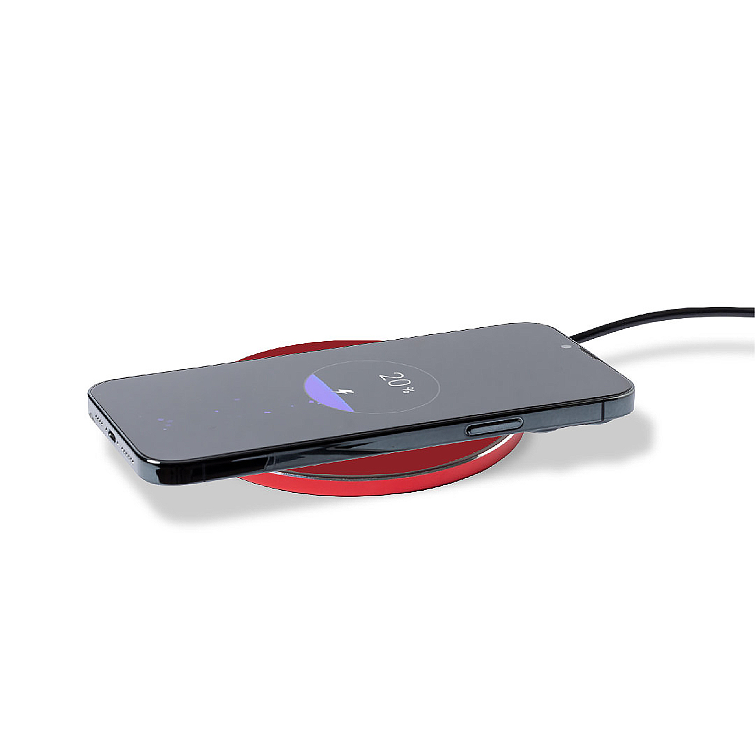 Uno smartphone scuro si carica su un caricatore wireless rosso con il 20% di batteria.