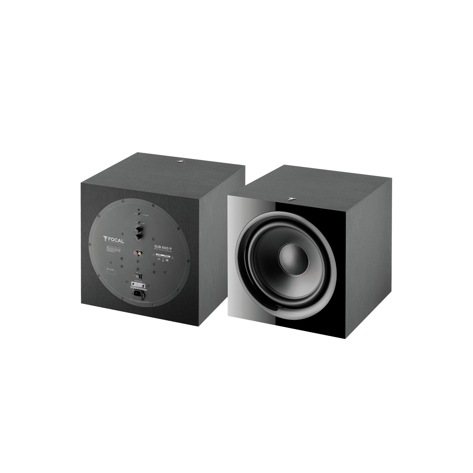 İki siyah subwoofer, biri önden, diğeri arkadan görünüyor.