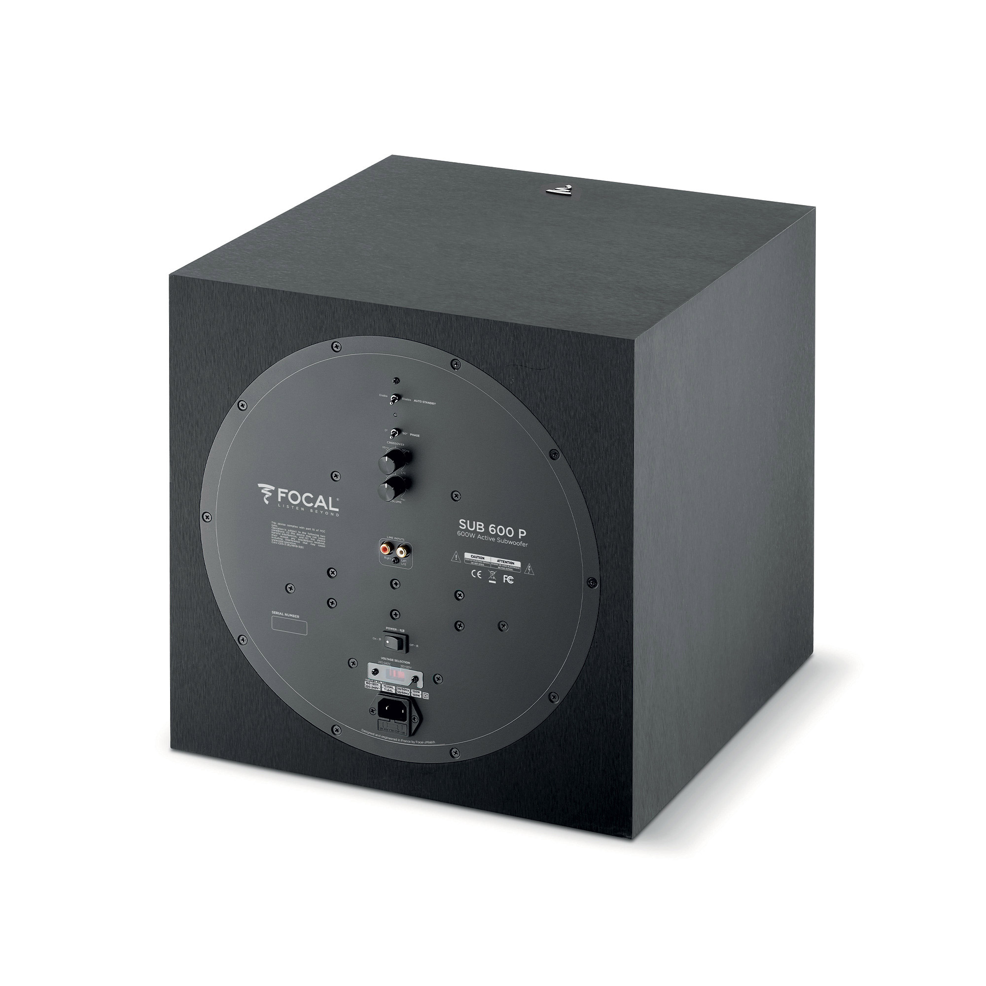 Arka bağlantıları ve kontrolleri olan siyah Focal Sub 600 P subwoofer.