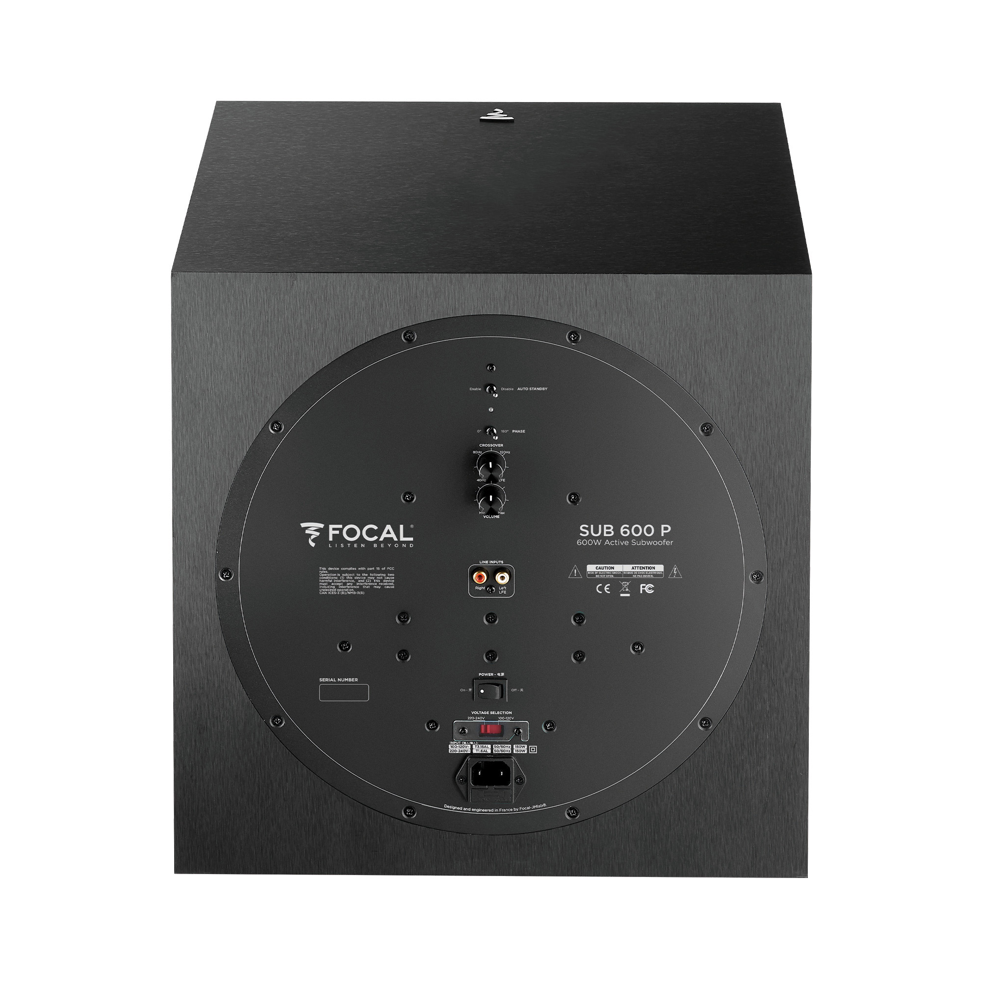 Siyah Focal Sub 600 P subwoofer'ın arka görünümü, portlar ve kontrolleri gösteriyor.