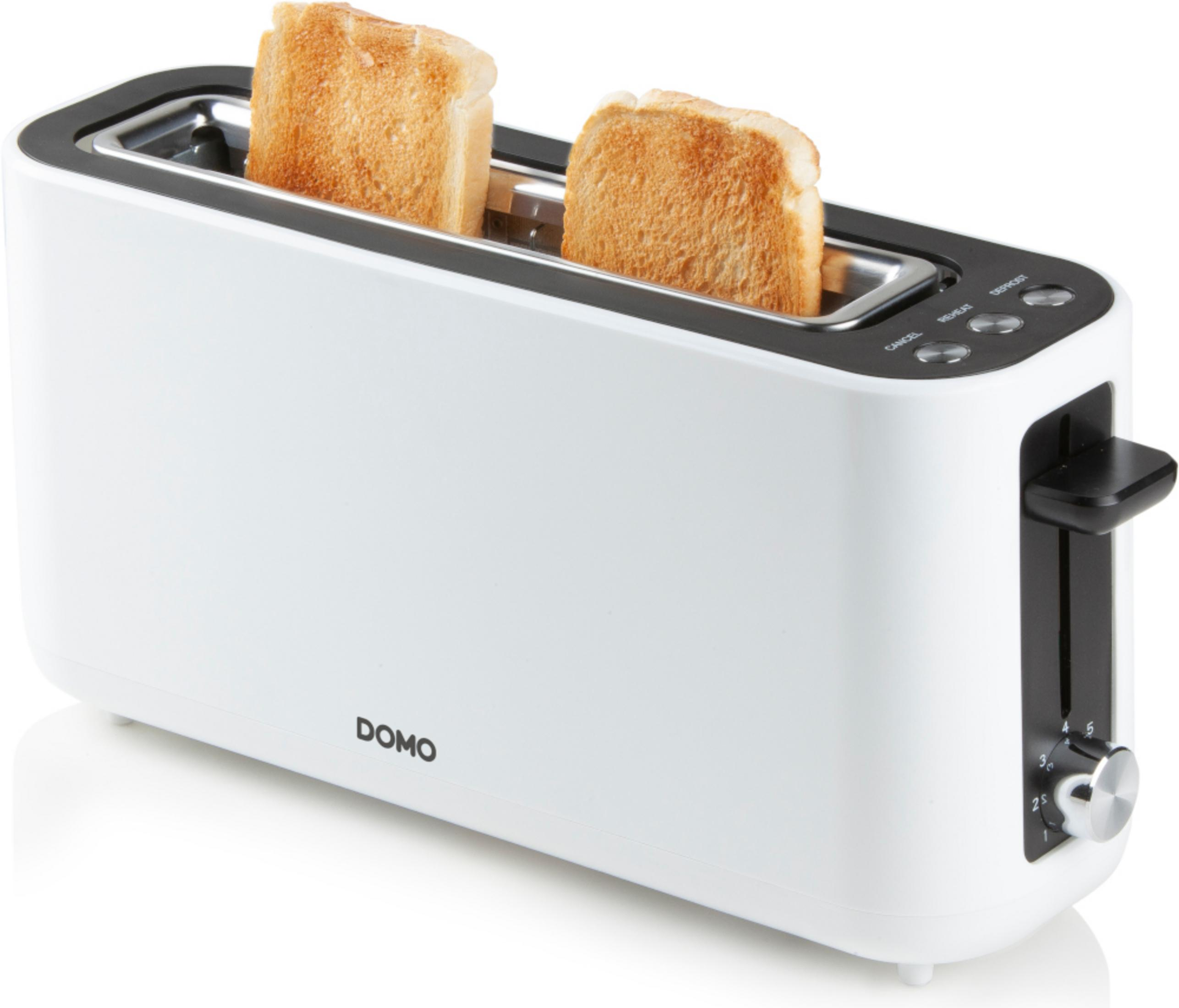 Un tostapane bianco con due fette di pane tostato all'interno e una manopola di controllo.