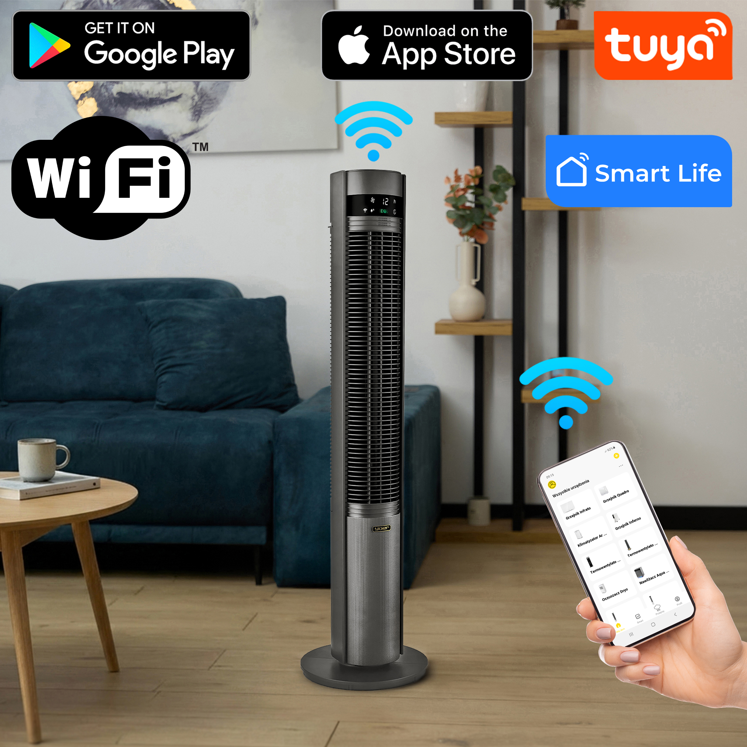 Elegancki, ciemny wentylator wieżowy w salonie z sofą, stołem i ikonami aplikacji smart home.