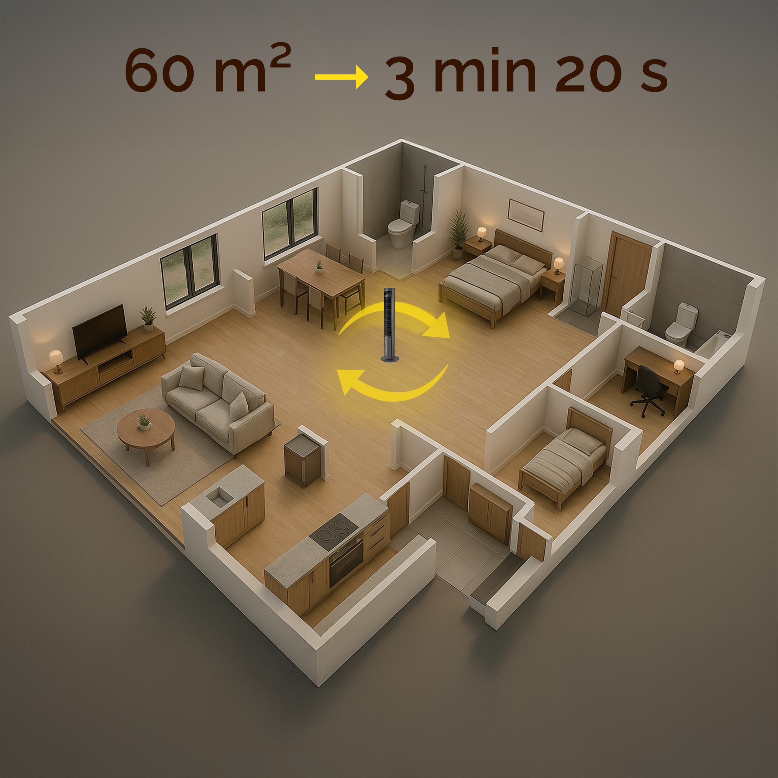 Wentylator wieżowy w planie mieszkania, chłodzi 60m² w 3 min 20s.