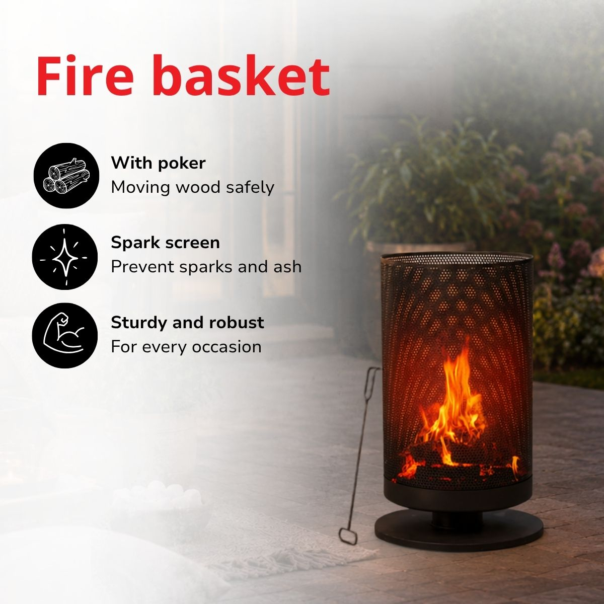 A black fire basket with a poker and burning logs. Features include a spark screen and robust build.