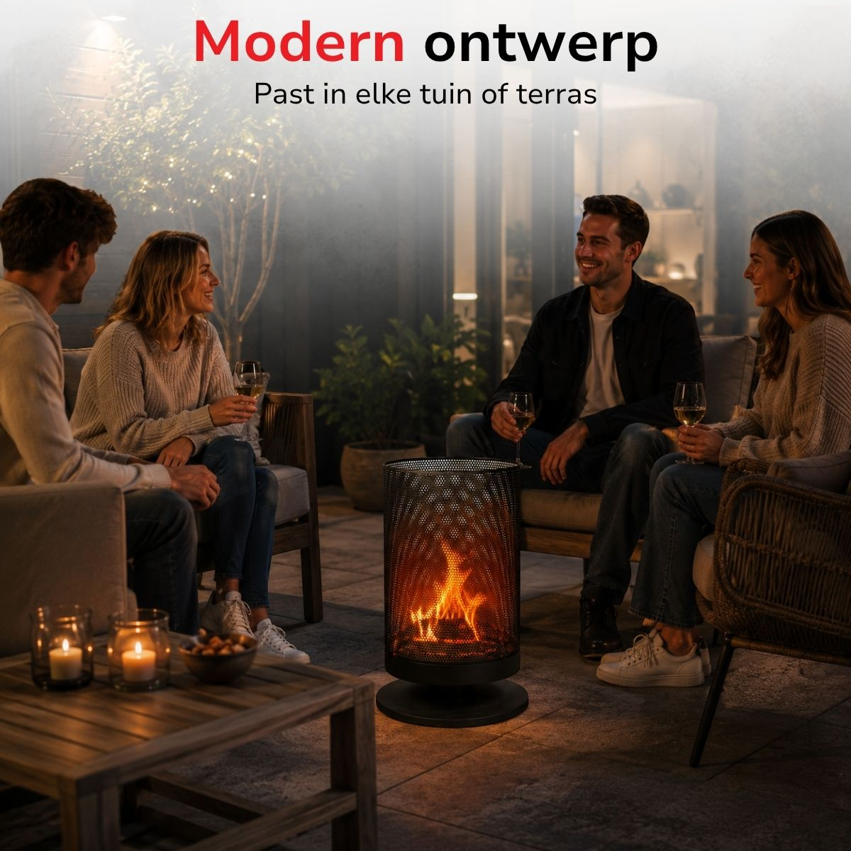 Four people sit on a patio around a modern fire pit, holding drinks.