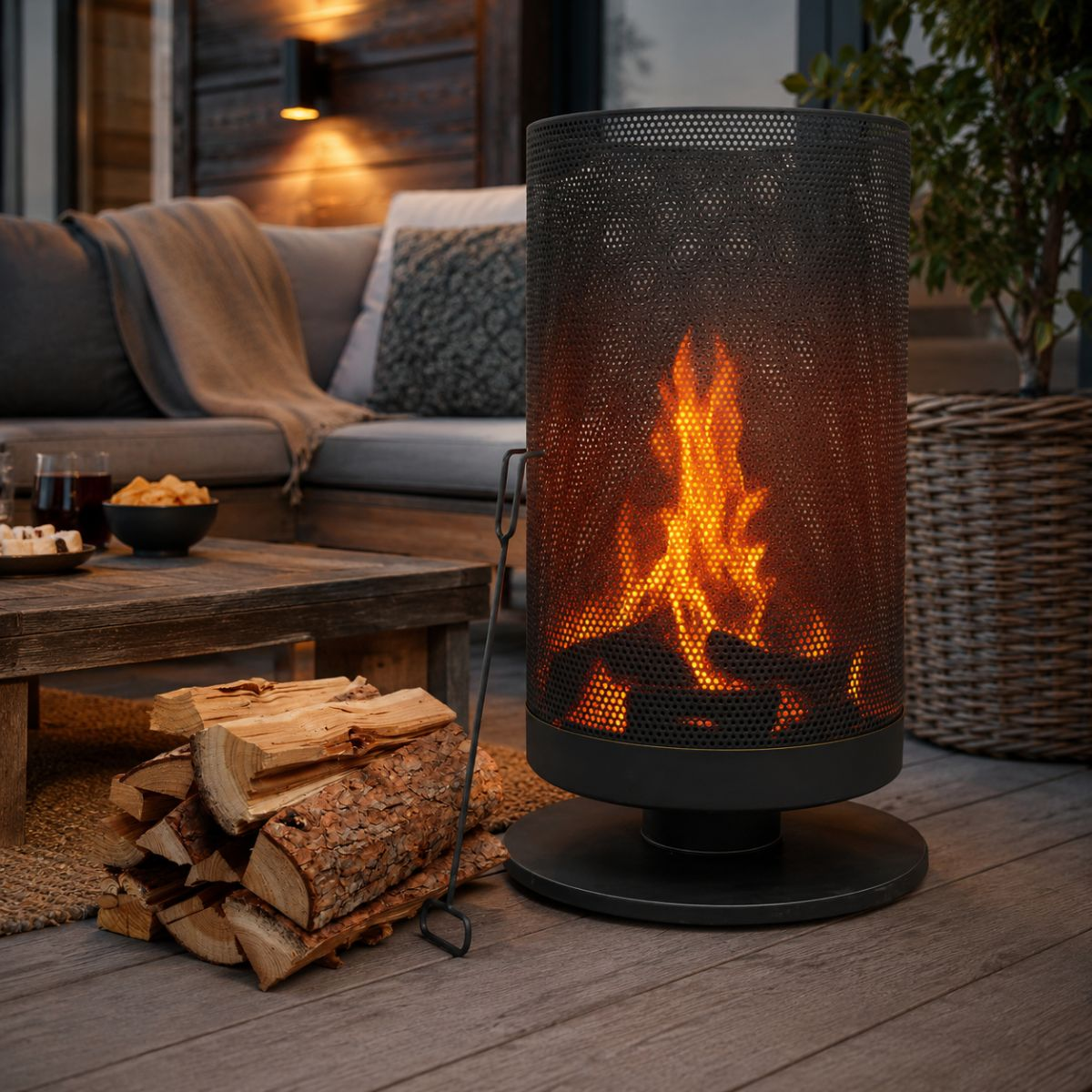A burning metal outdoor fireplace sits on a wooden deck next to logs.