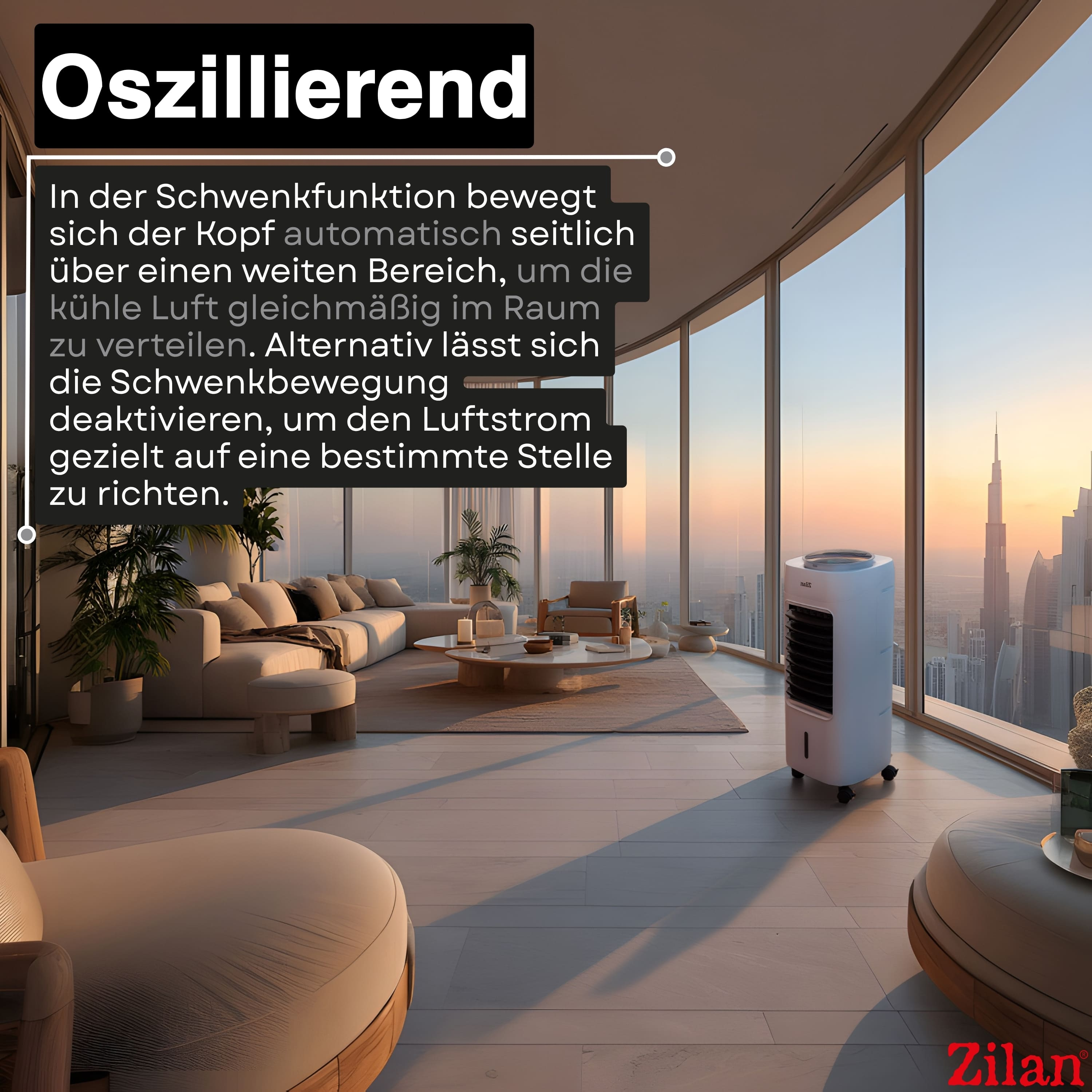 Ein weißer Luftkühler steht in einem modernen Wohnzimmer mit Blick auf eine Stadt.