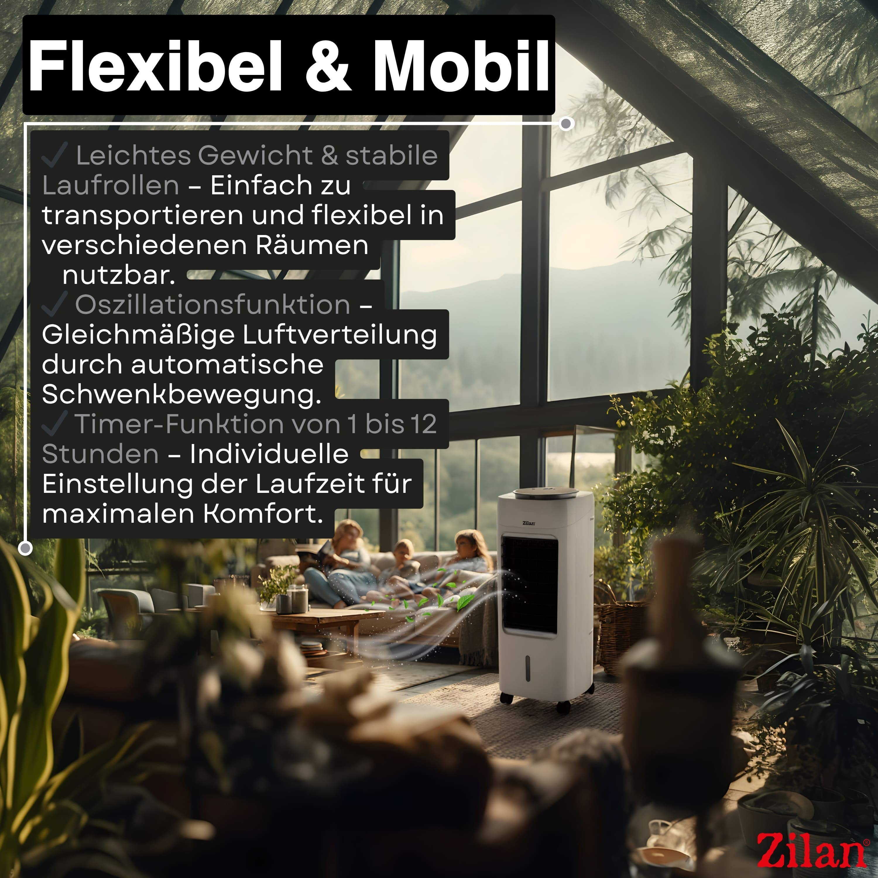 Ein weißer Luftkühler steht in einem hellen Raum mit Pflanzen und Familie auf Sofa.