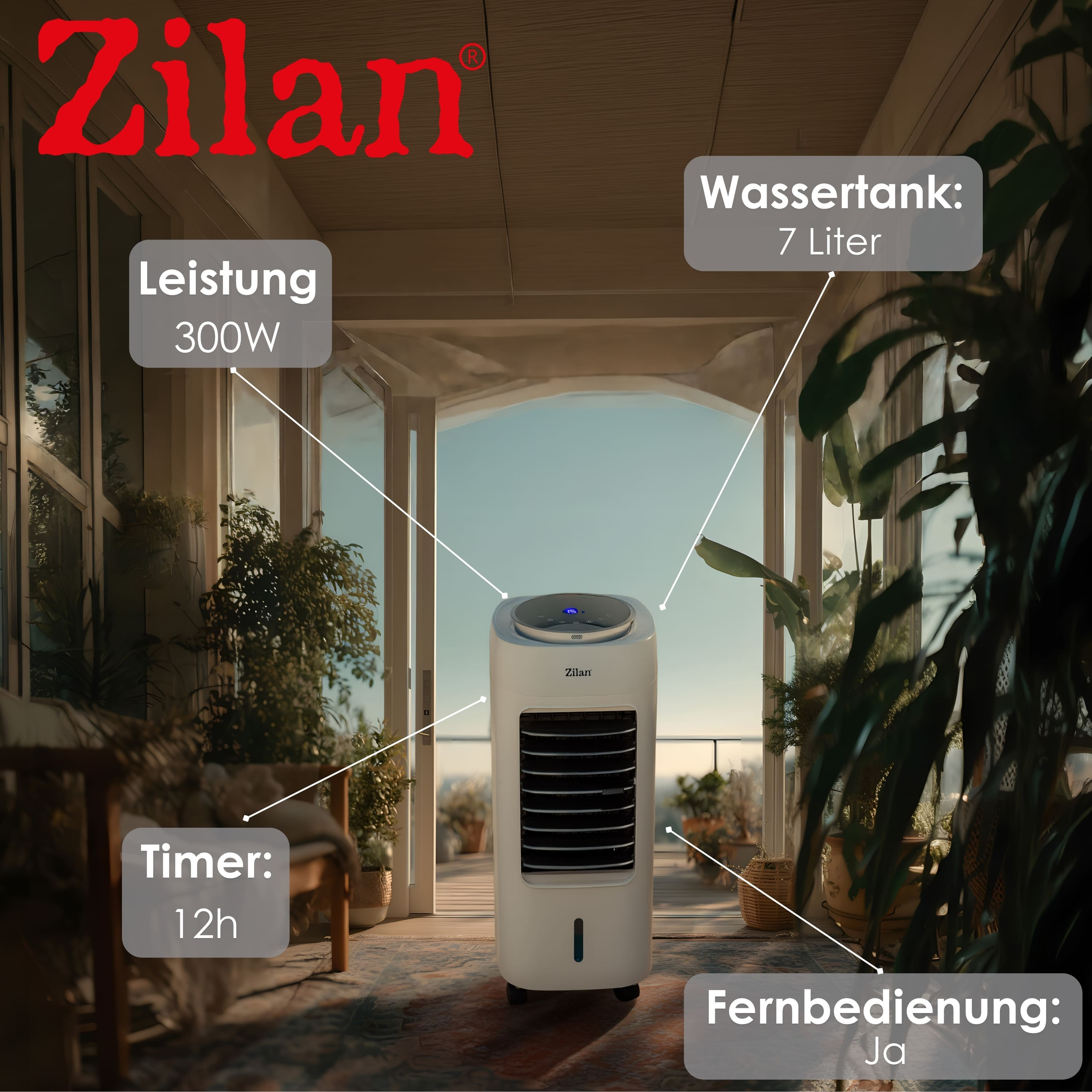 Ein weißer Luftkühler von Zilan mit 7L Tank, 300W Leistung & 12h Timer.